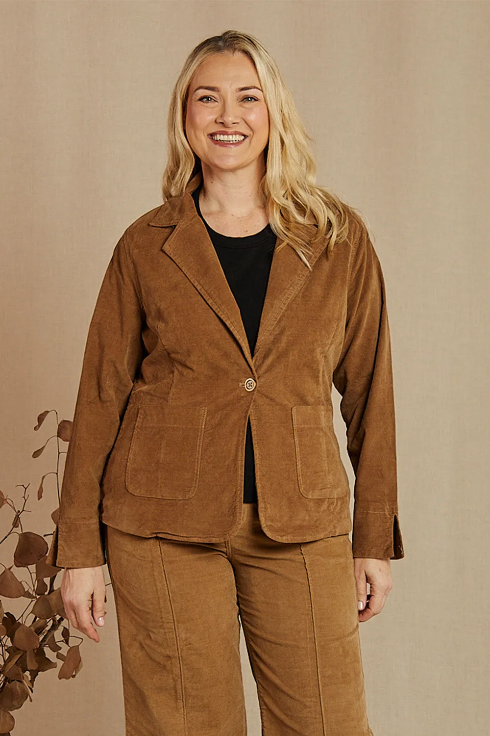 Adrift Relaxed Brushed Cotton Blazer in Camel Adrift