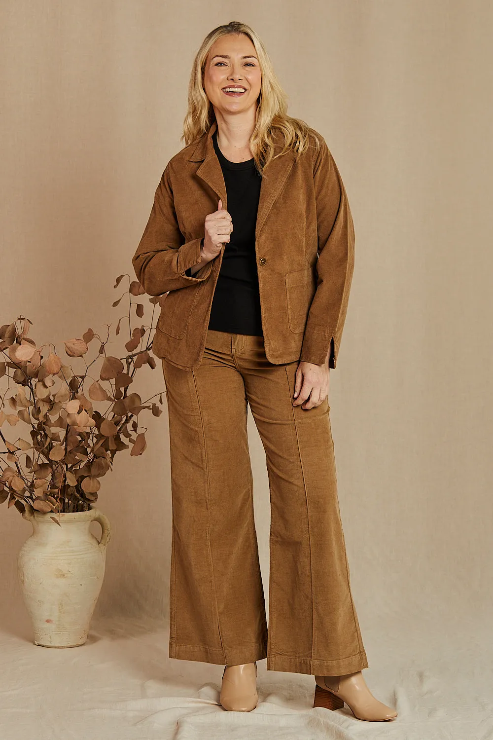 Adrift Relaxed Brushed Cotton Blazer in Camel Adrift