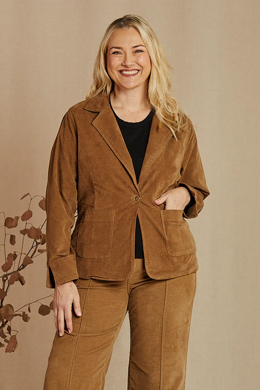 Adrift Relaxed Brushed Cotton Blazer in Camel Adrift