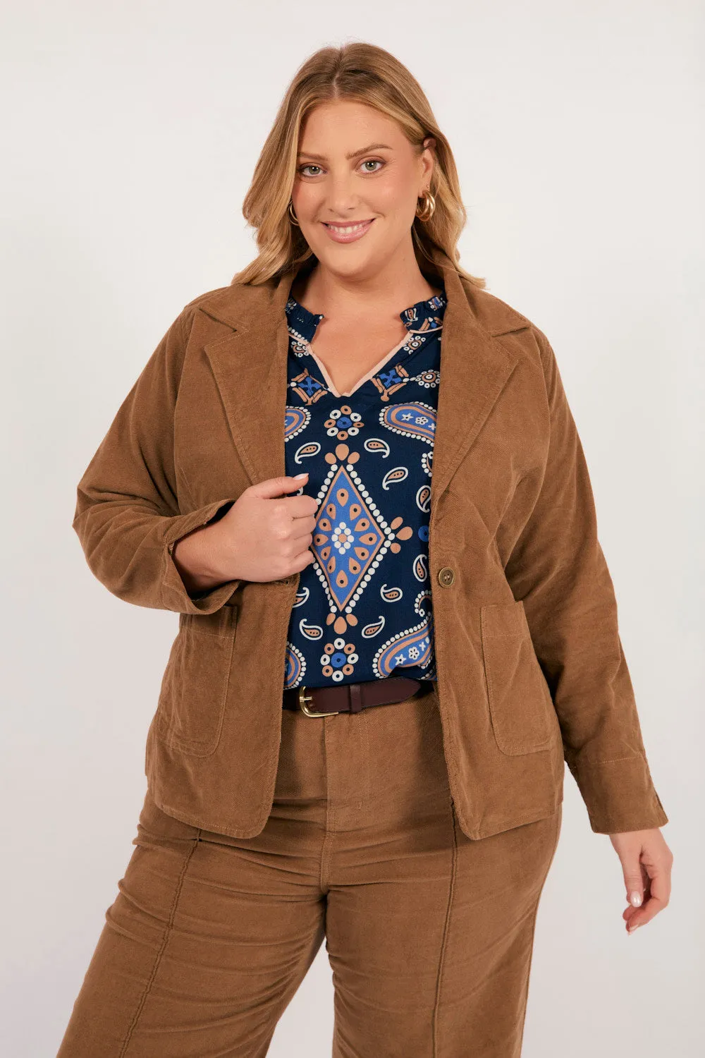 Adrift Relaxed Brushed Cotton Blazer in Camel Adrift