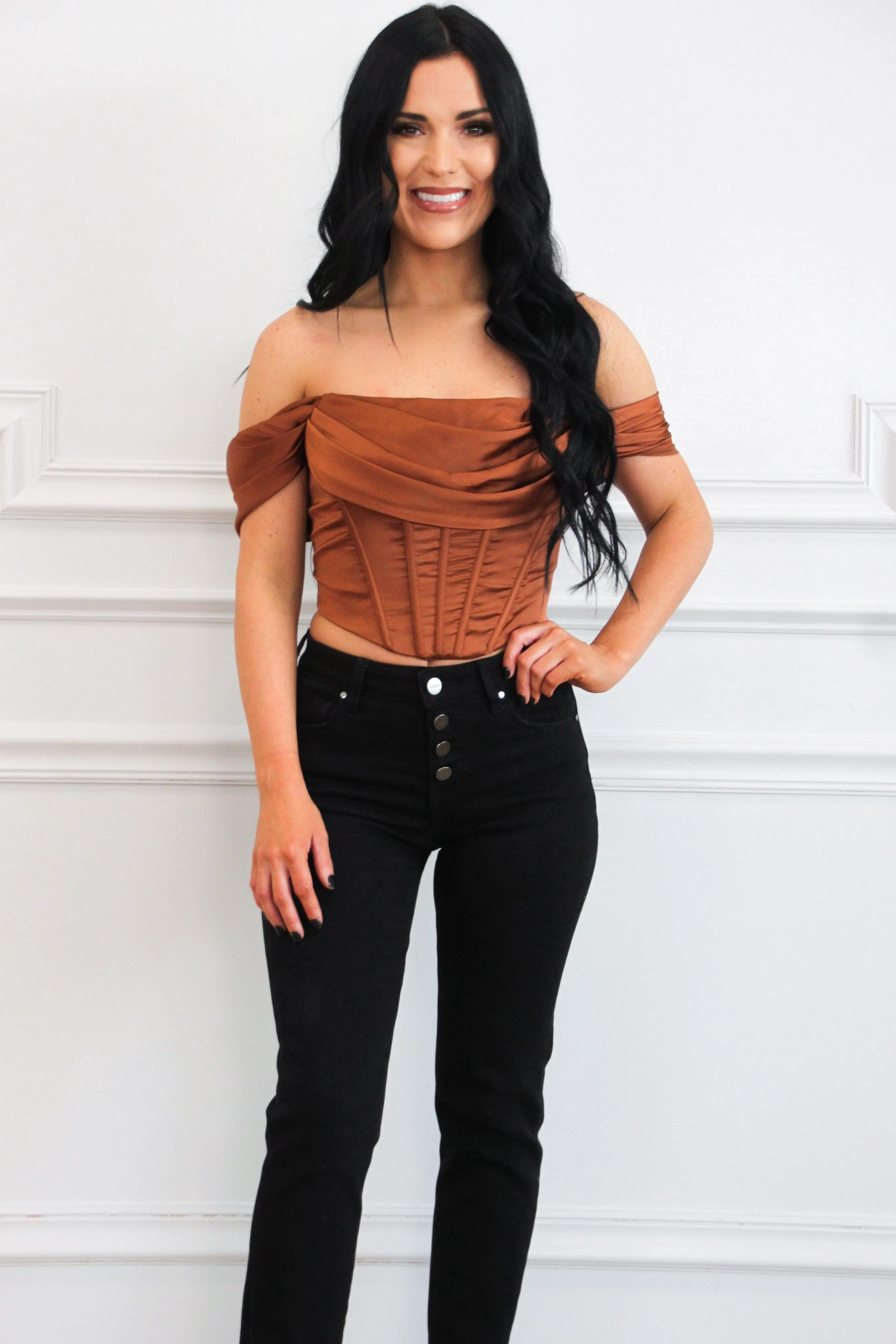 Billy Off Shoulder Satin Bustier Crop Top: Rust