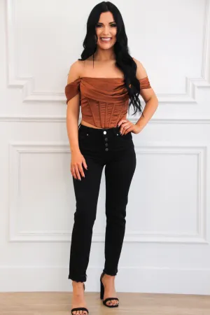 Billy Off Shoulder Satin Bustier Crop Top: Rust