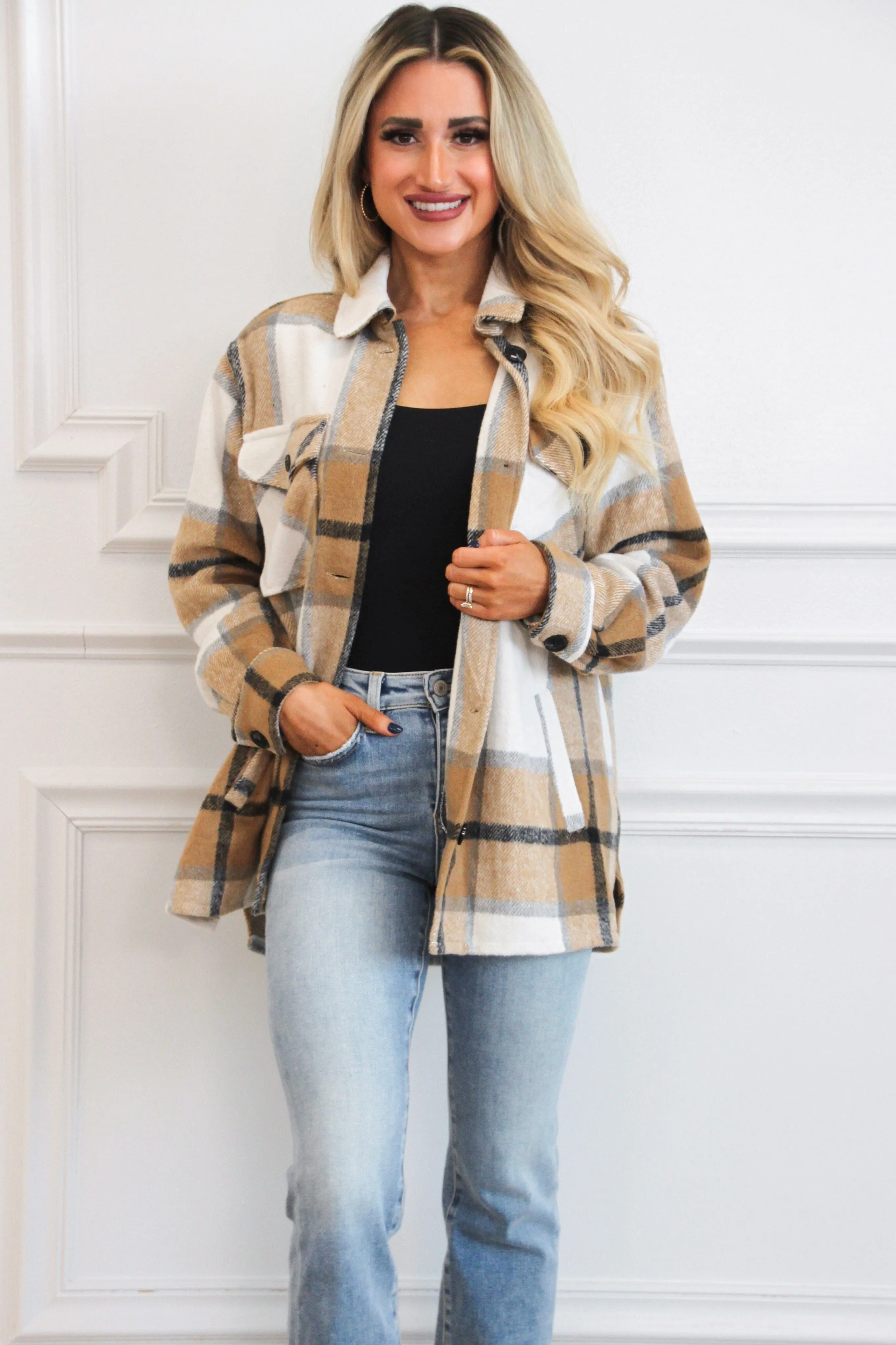 Come With Me Plaid Shacket: Ivory/Camel