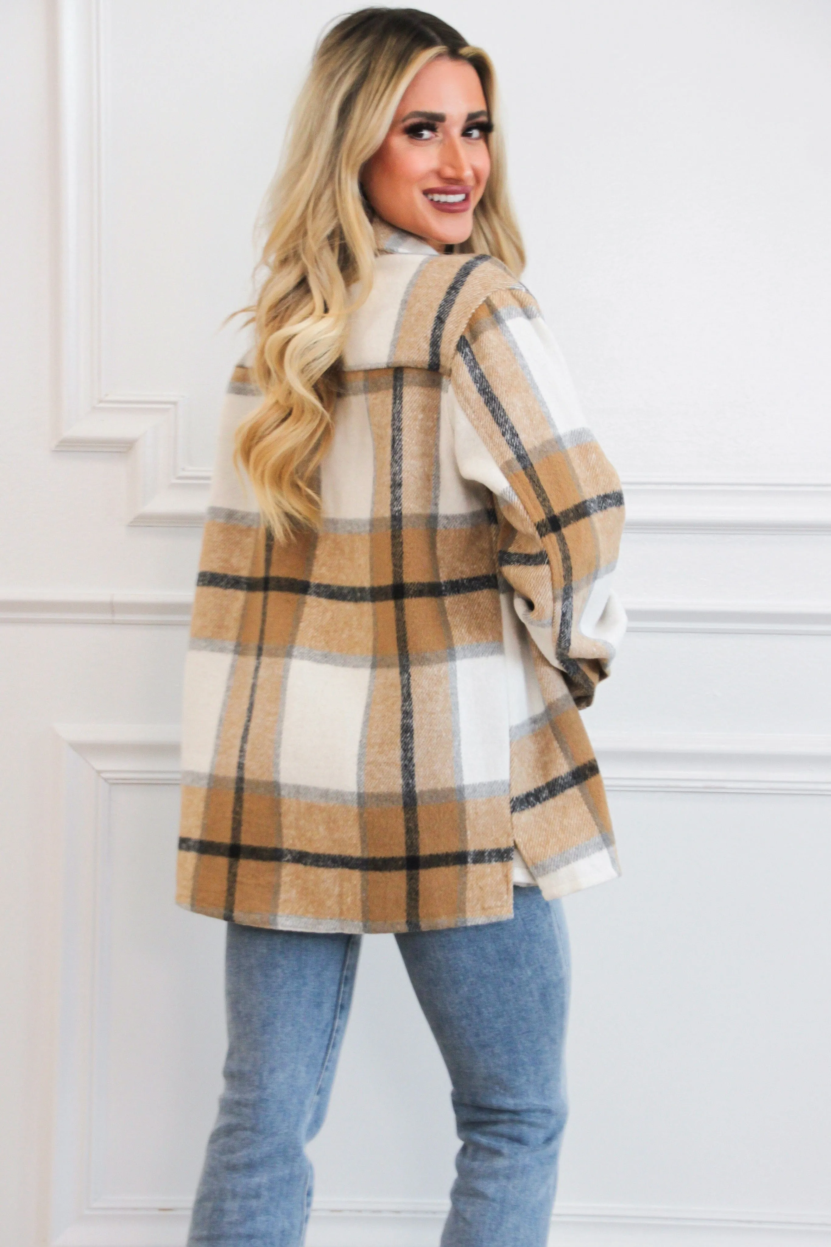 Come With Me Plaid Shacket: Ivory/Camel