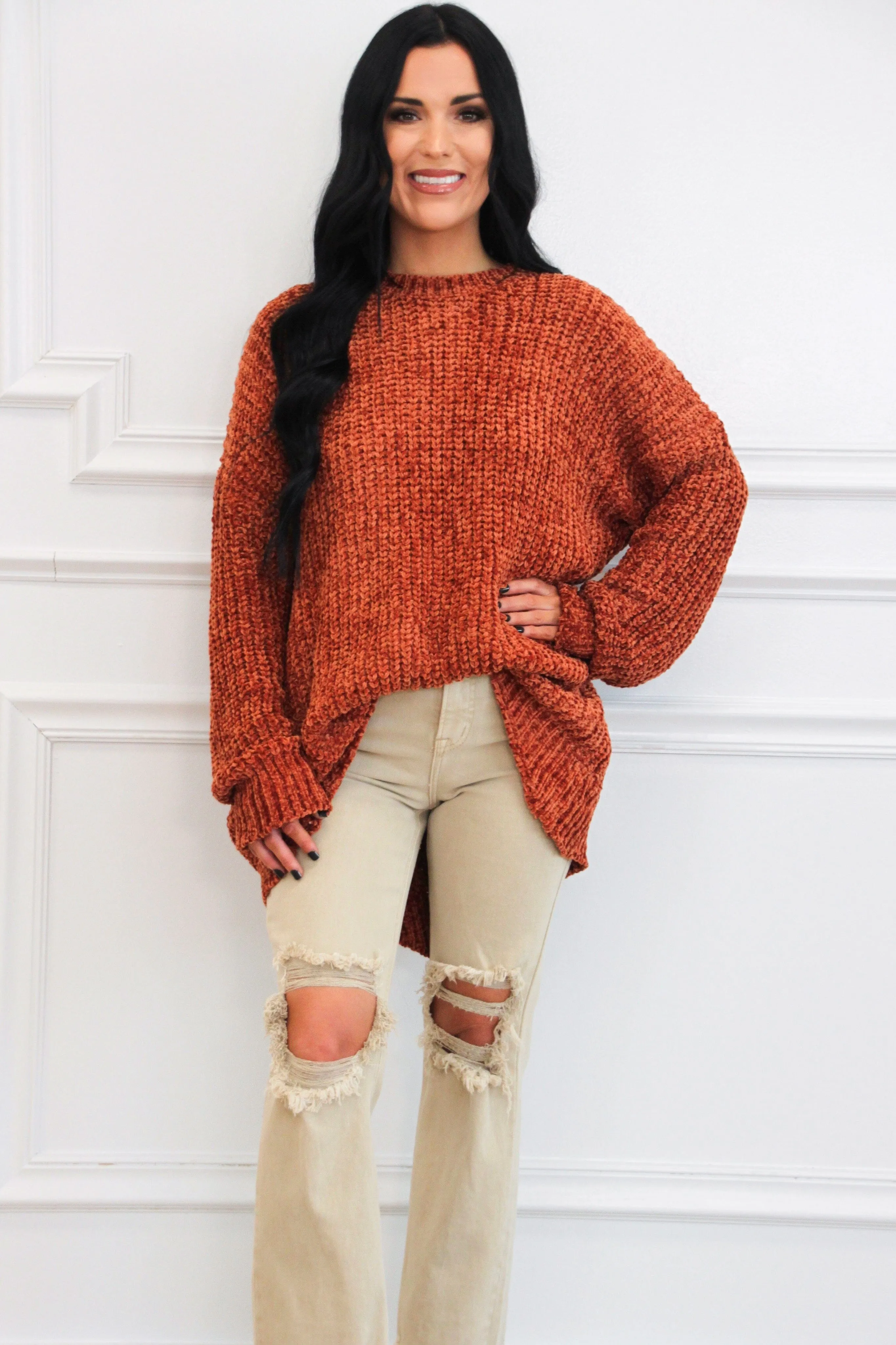 Cozy Crush Oversized Chenille Sweater: Rust