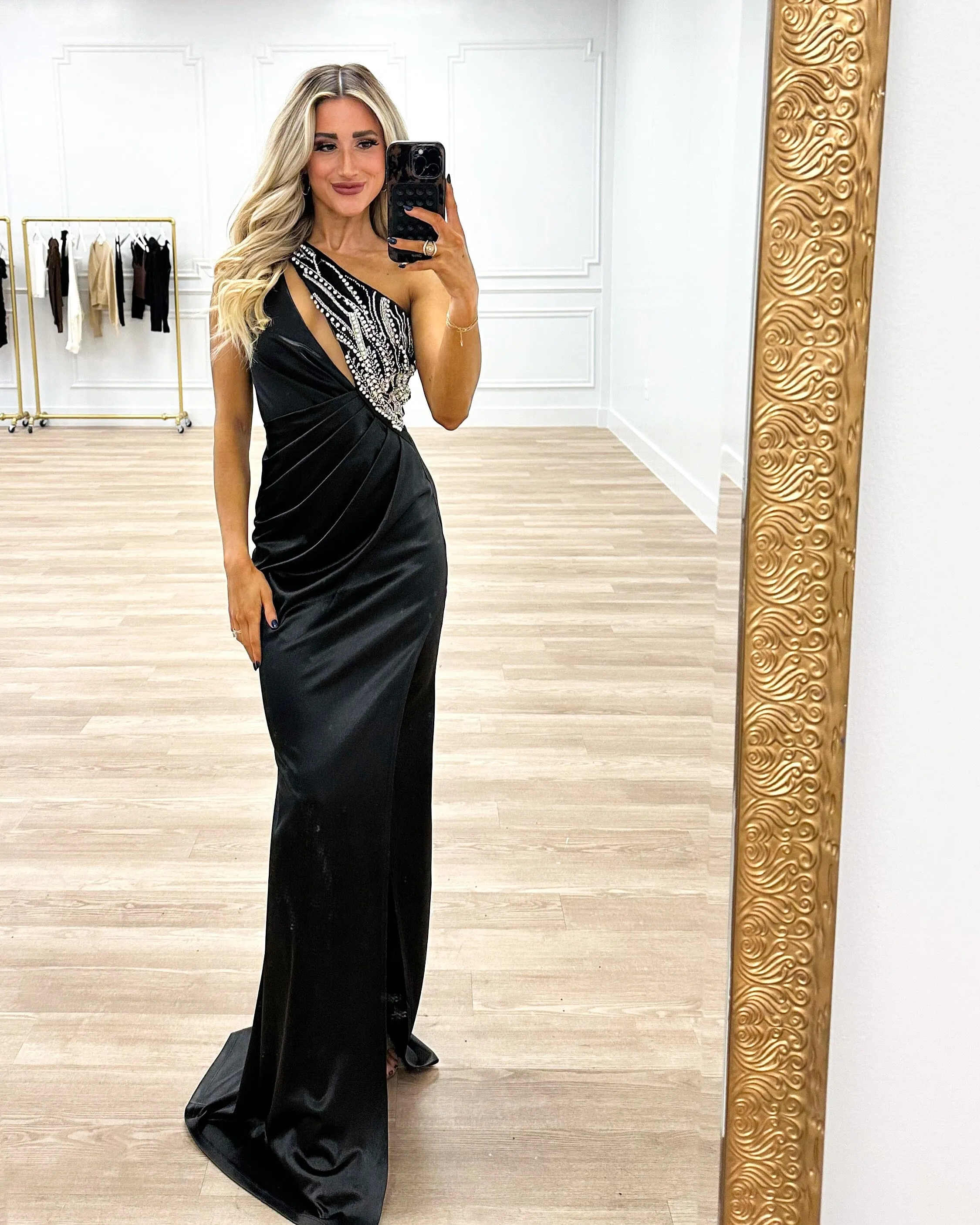 Enchanted Muse One Shoulder Embellished Satin Maxi Dress: Black