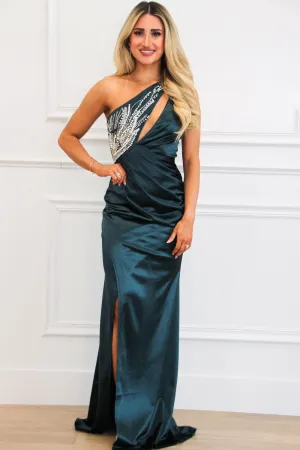 Enchanted Muse One Shoulder Embellished Satin Maxi Dress: Teal