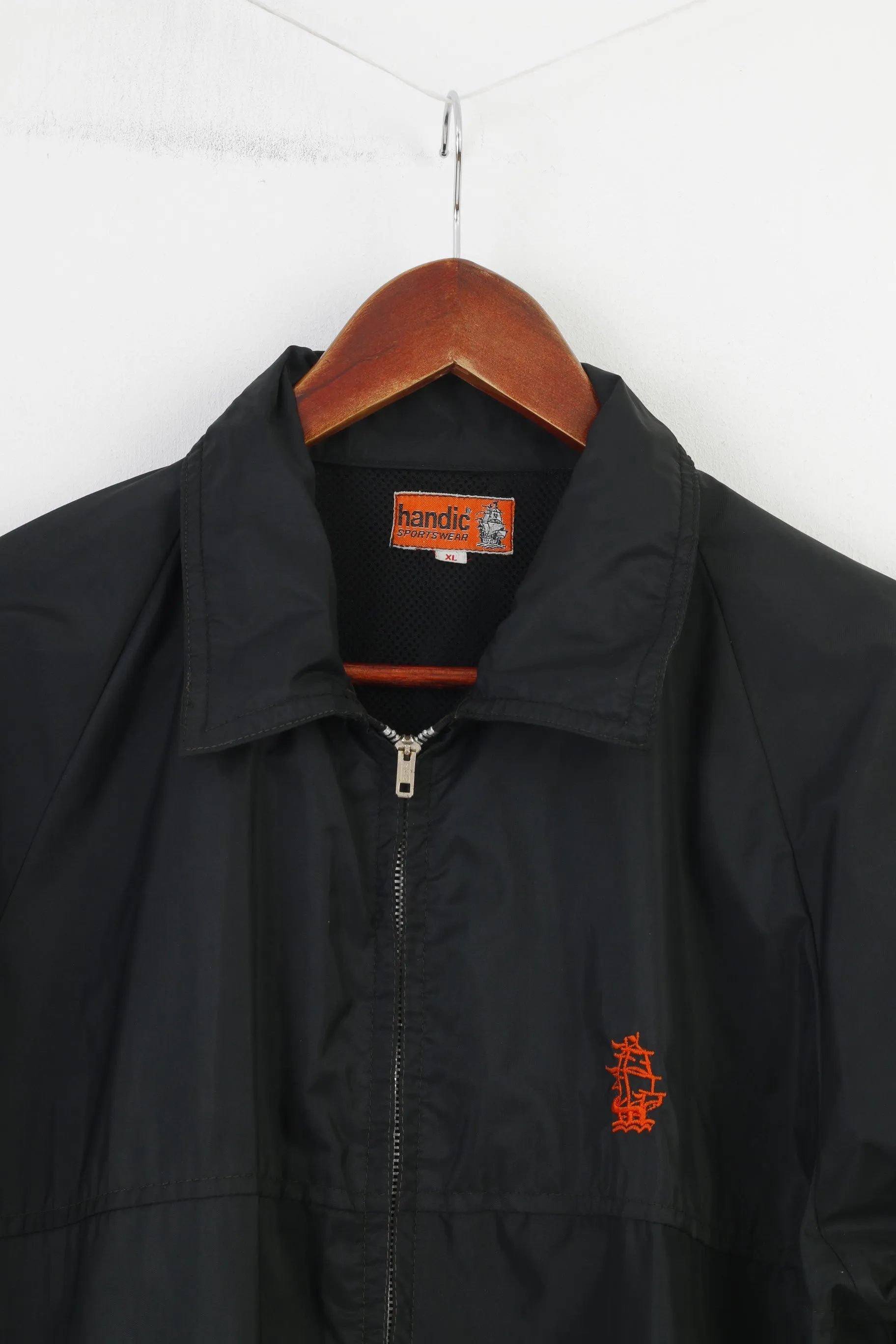 Handic Men XL Jacket Black Sportswear Full Zipper Nylon Vintage  Collar Pockets Top