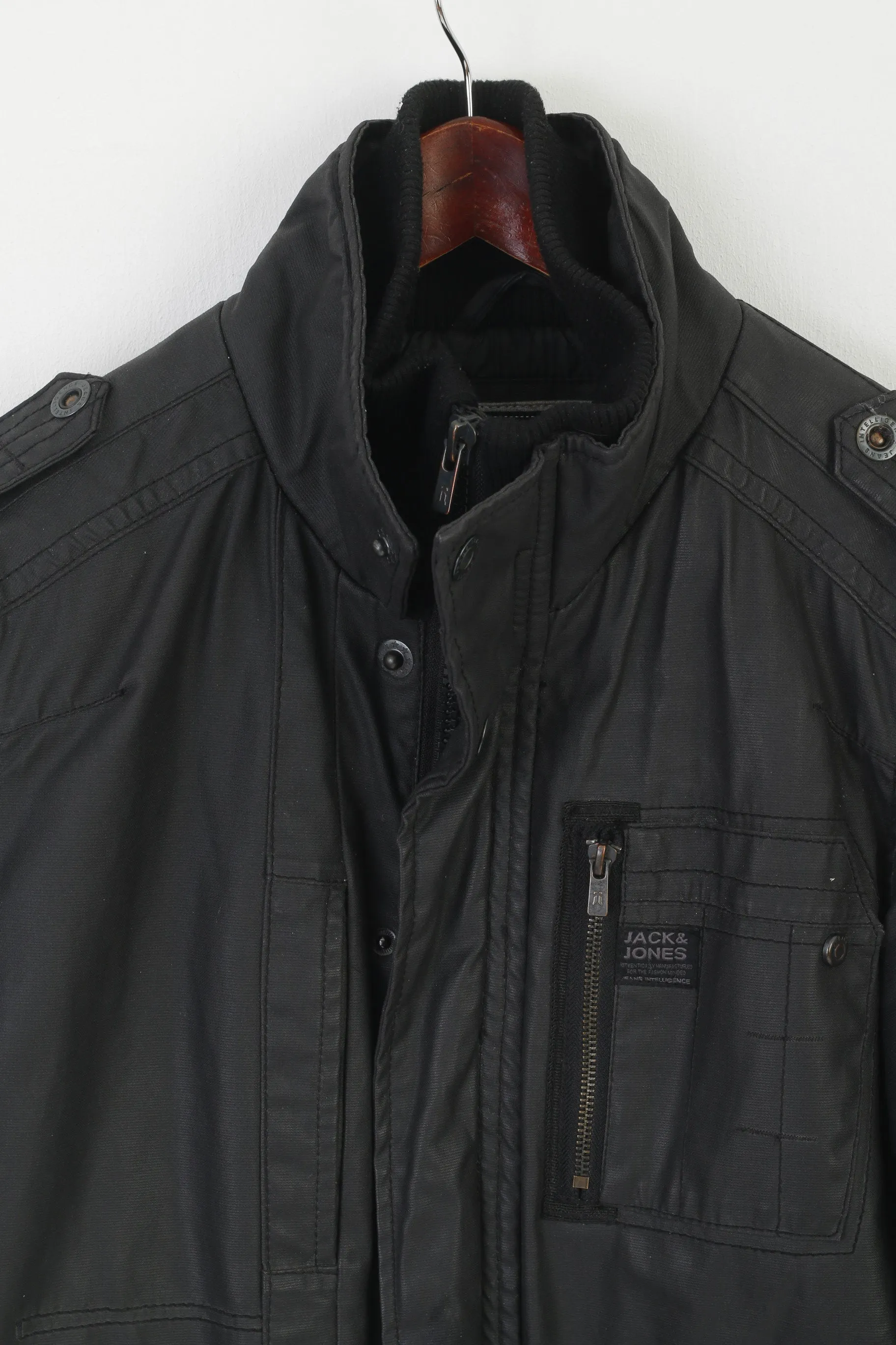 Jack & Jones Men M Jacket Black Wax Cotton Padded Rewind Style Zip Up Top
