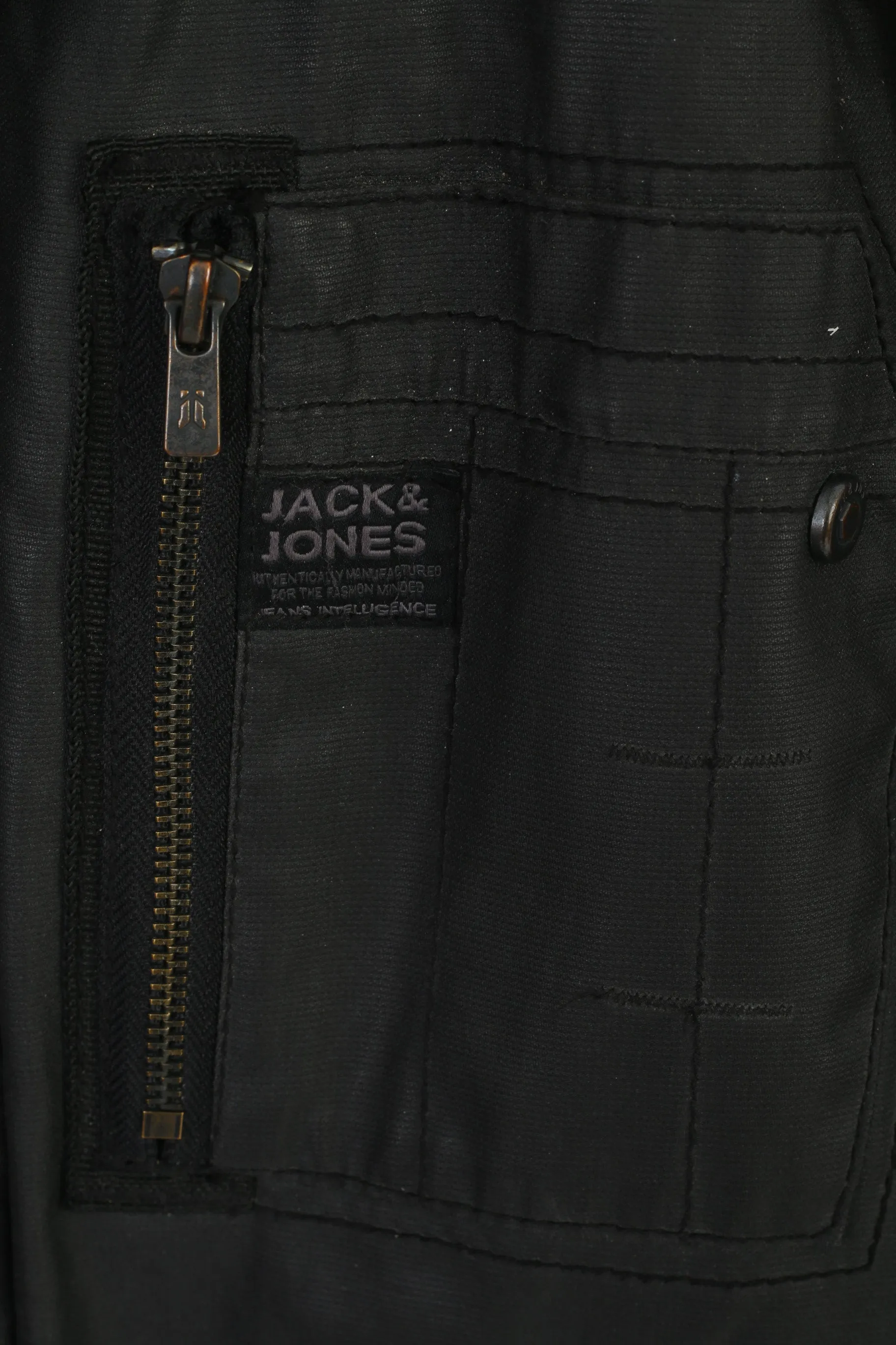 Jack & Jones Men M Jacket Black Wax Cotton Padded Rewind Style Zip Up Top