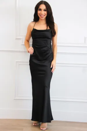 Keep Polished Satin Chain Back Maxi Dress: Black