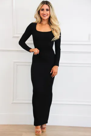 Kimberly Ribbed Long Sleeve Maxi Dress: Black