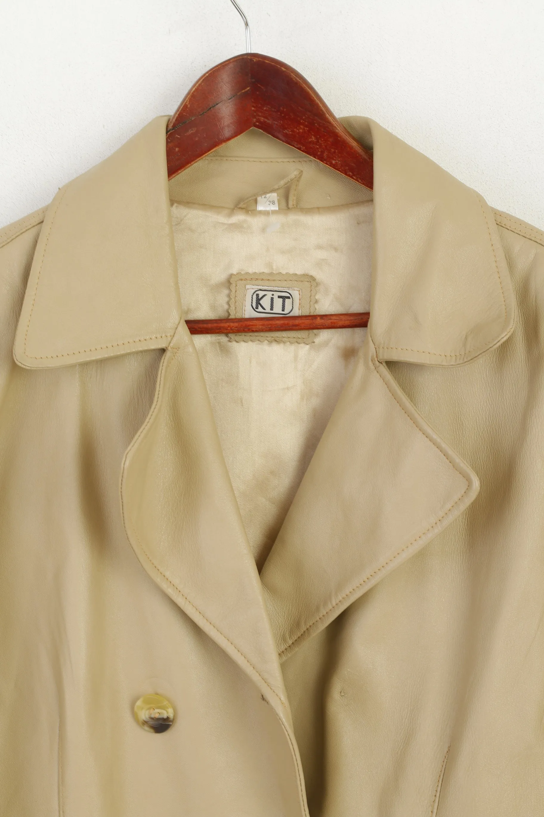KIT Women 12 38 M Jacket Beige Leather Vintage Double Breasted Classic Top
