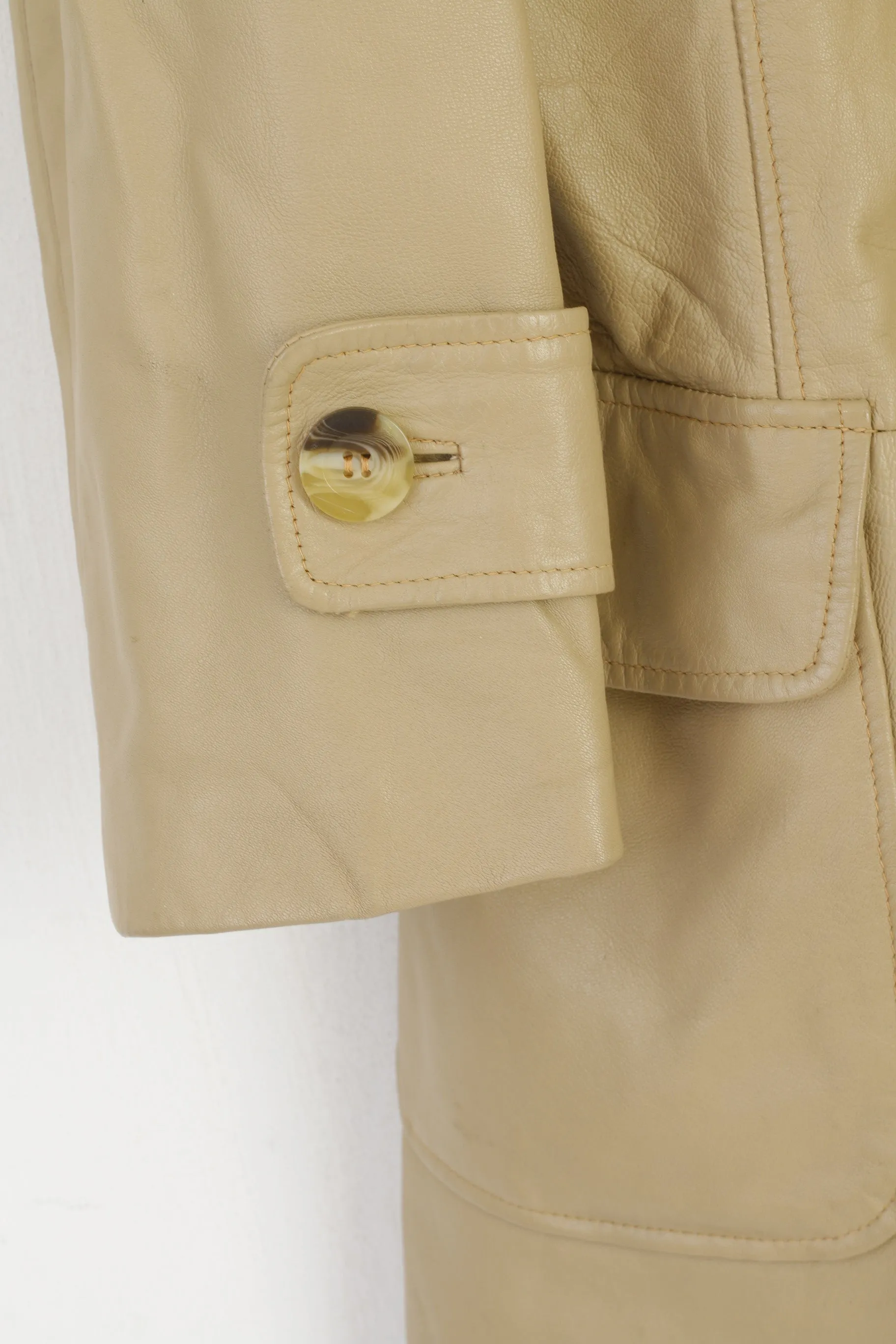 KIT Women 12 38 M Jacket Beige Leather Vintage Double Breasted Classic Top
