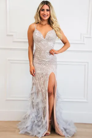 Kora Embellished Open Back Feather Mermaid Formal Dress: Silver/Nude