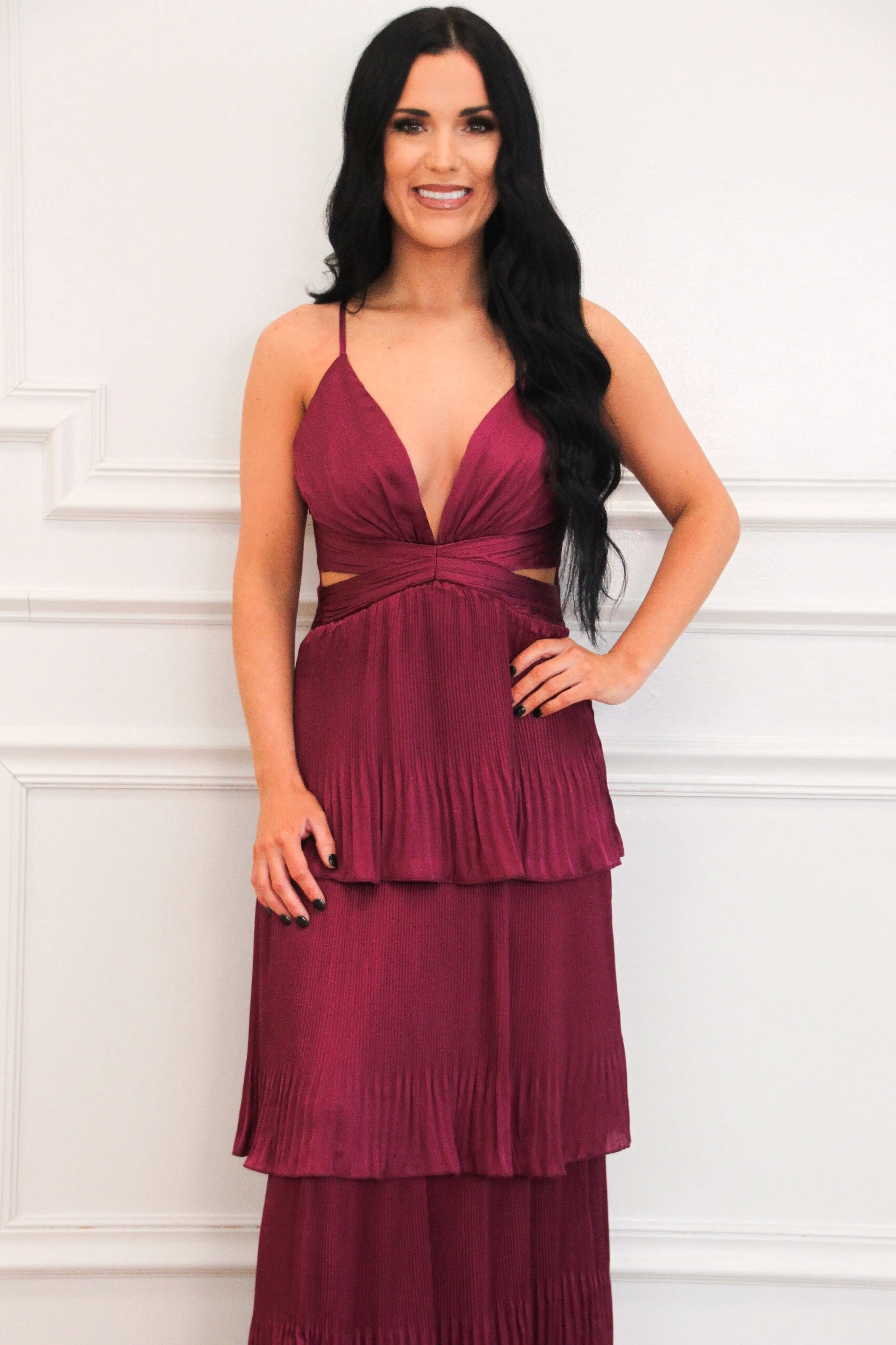Lavish Love Satin Ruffle Maxi Dress: Plum
