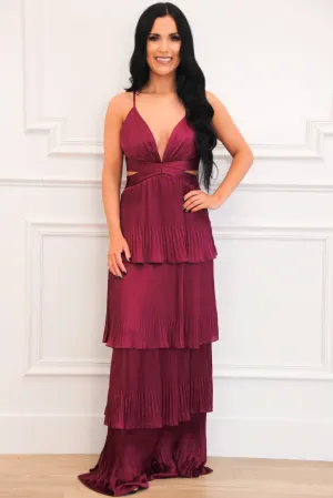 Lavish Love Satin Ruffle Maxi Dress: Plum
