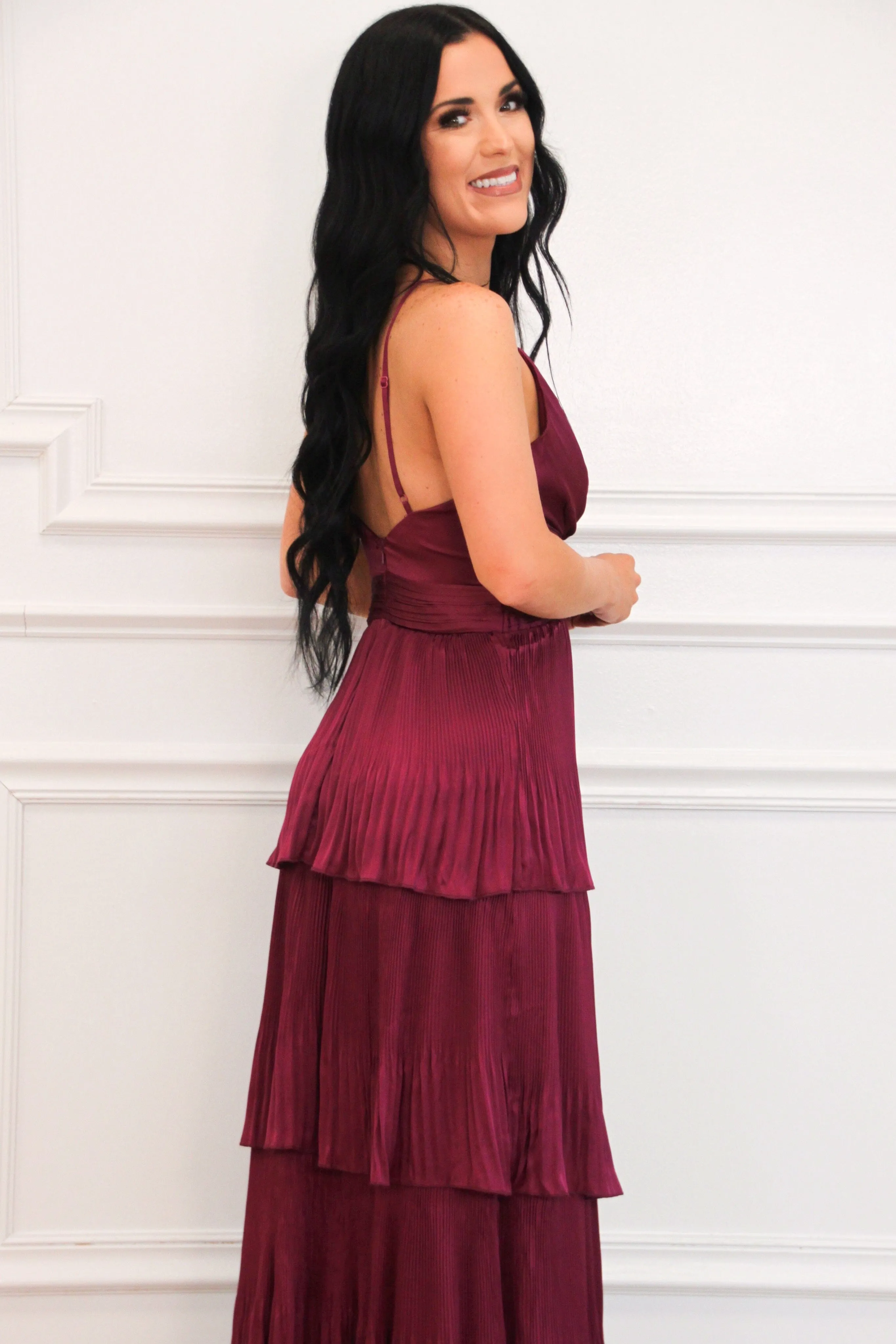 Lavish Love Satin Ruffle Maxi Dress: Plum