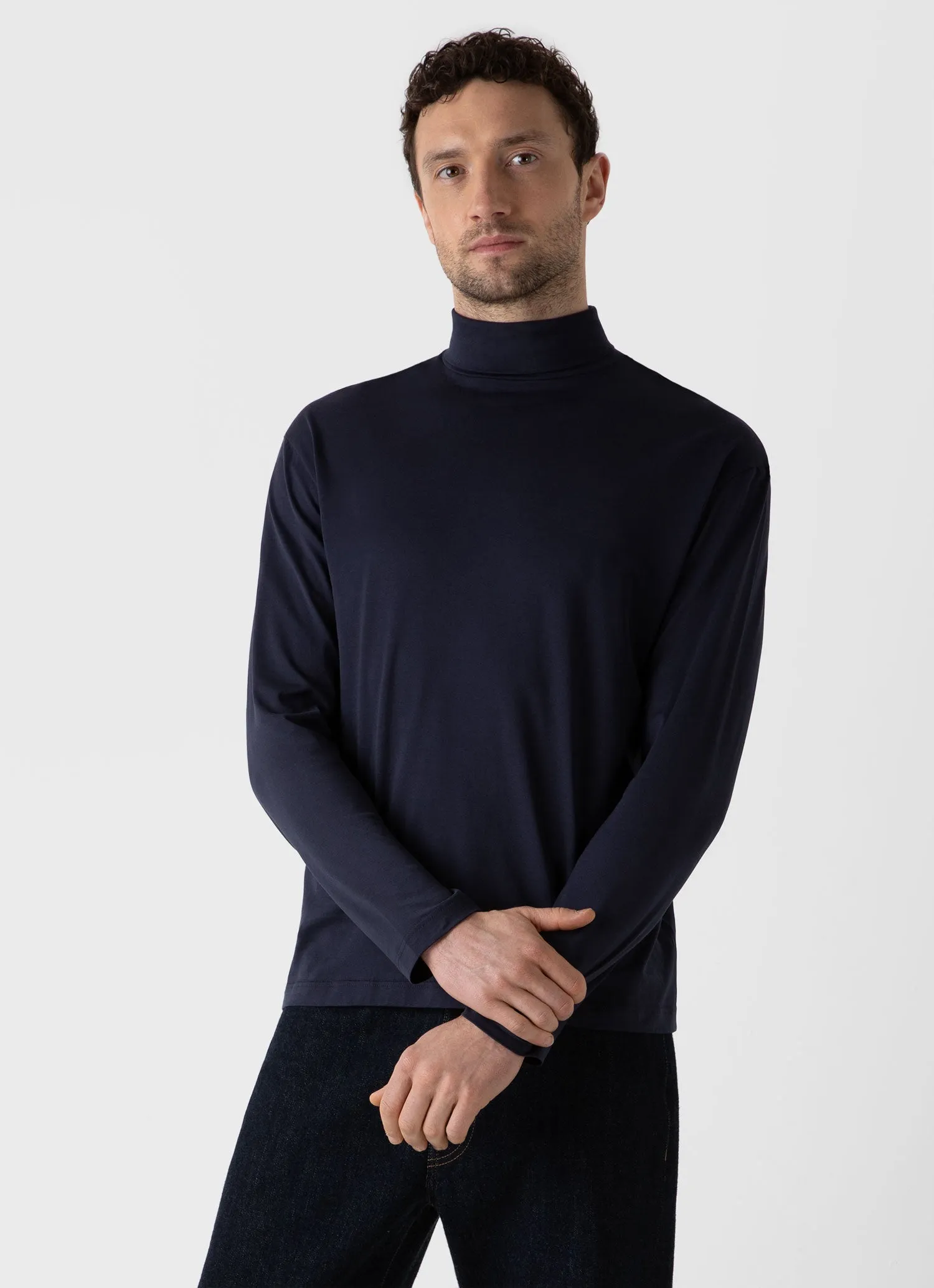 Men's Long Sleeve Roll Neck in Navy Sunspel
