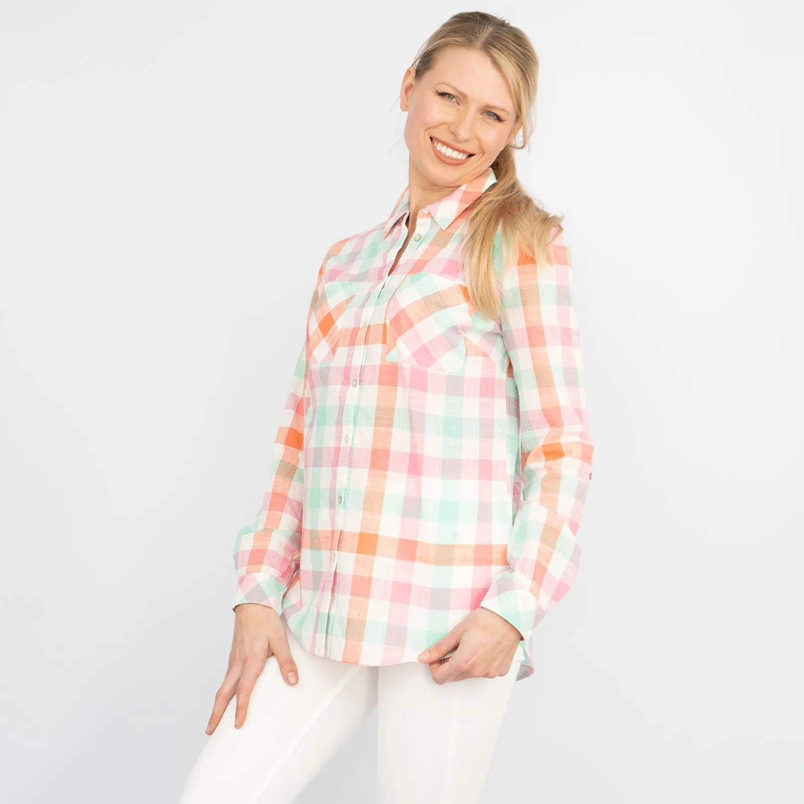 Pastel Check Long Sleeve Button-Up Women's Cotton Shirts