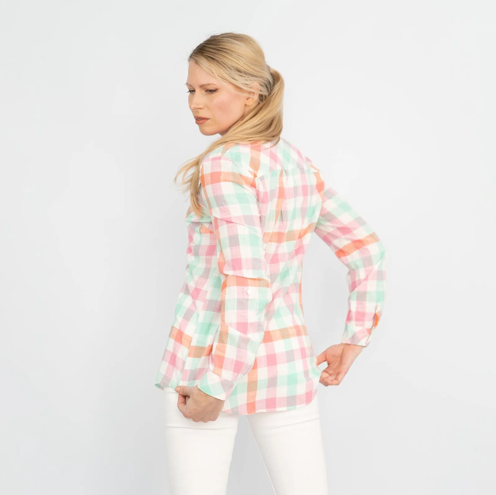 Pastel Check Long Sleeve Button-Up Women's Cotton Shirts
