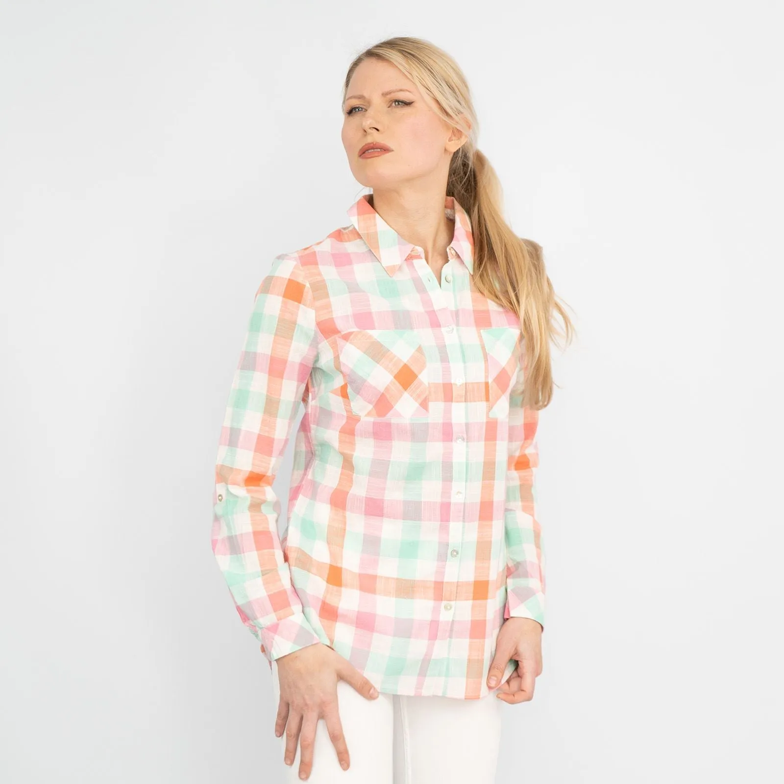 Pastel Check Long Sleeve Button-Up Women's Cotton Shirts