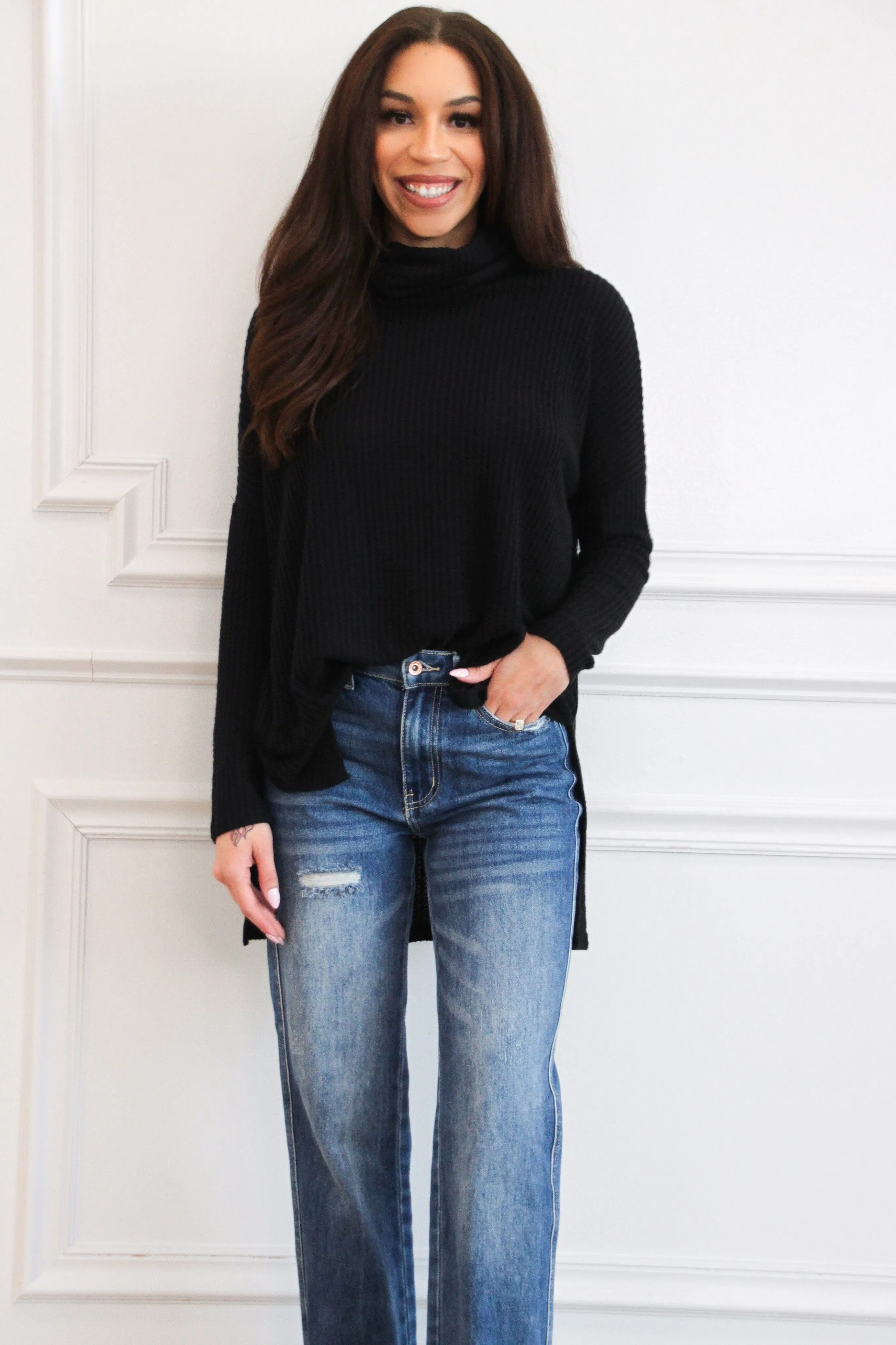 Plain and Simple Oversized Thermal Sweater: Black
