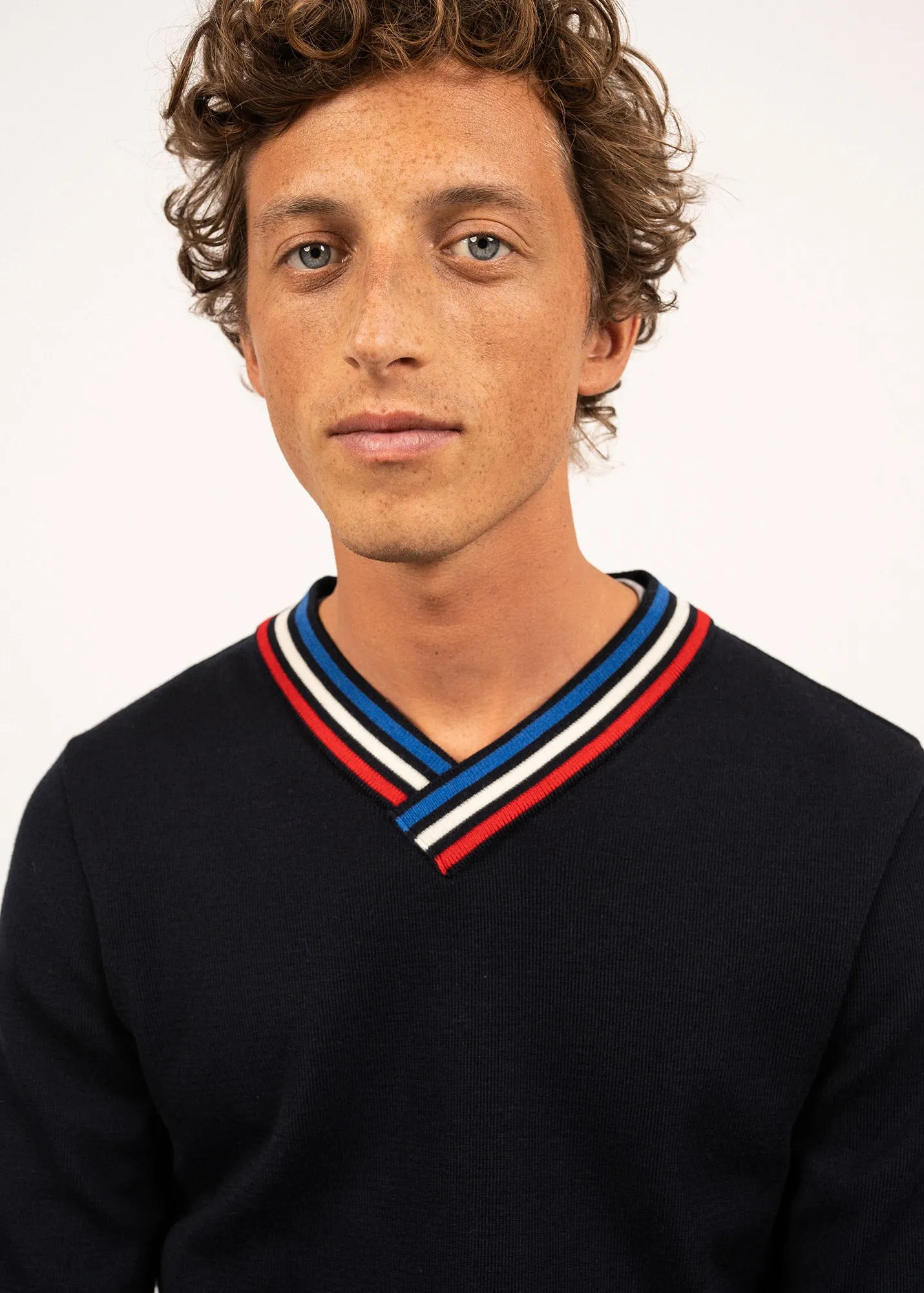 Pull en laine  col V contrast - SAINT JAMES x Elyse (NAVY)