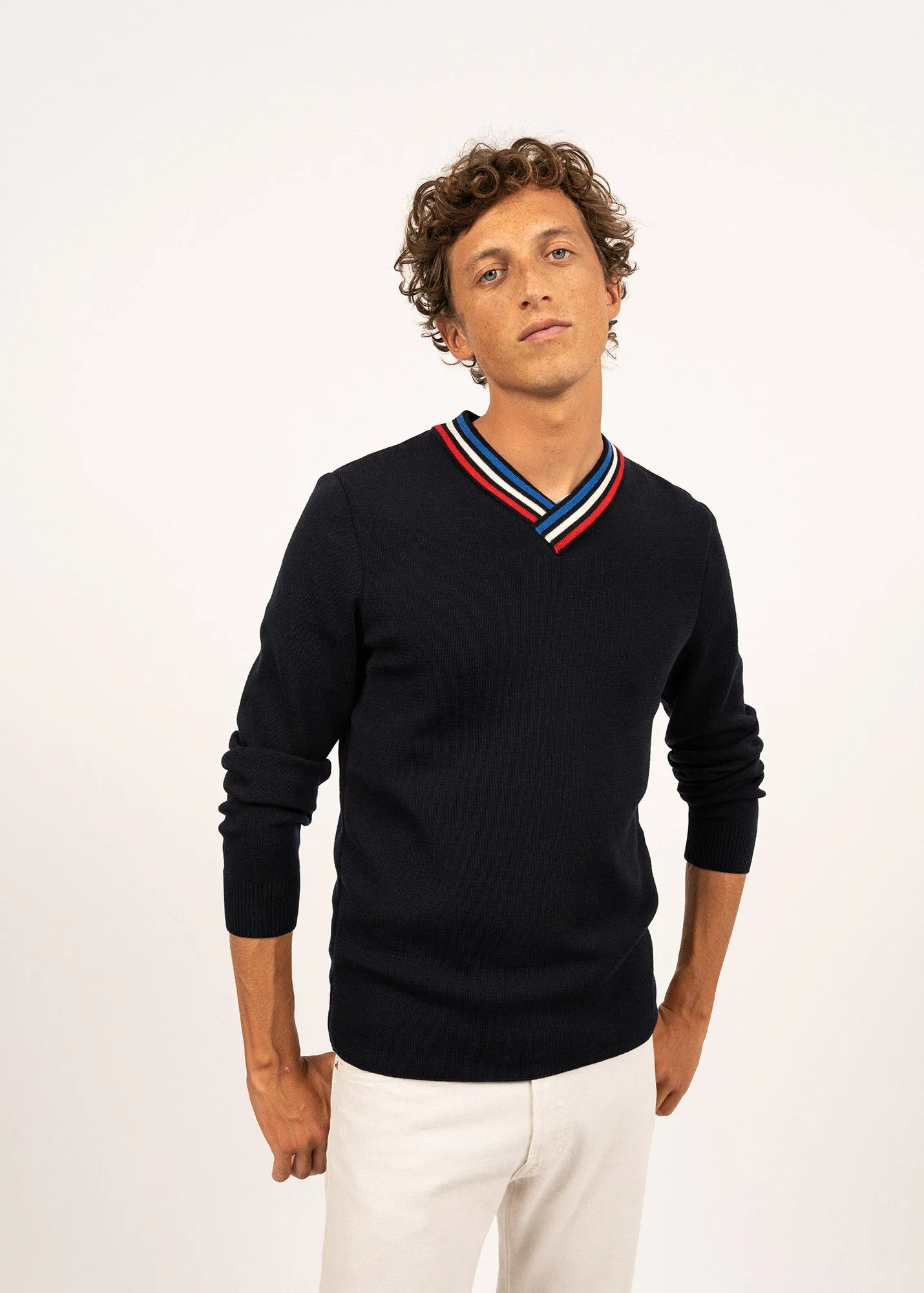 Pull en laine  col V contrast - SAINT JAMES x Elyse (NAVY)