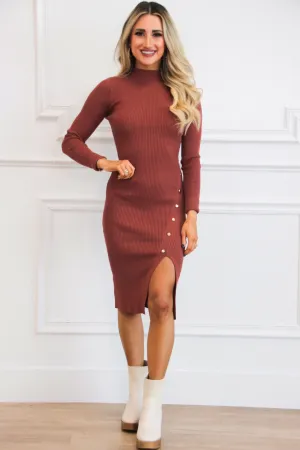 Remia Turtleneck Gold Button Sweater Dress: Marsala