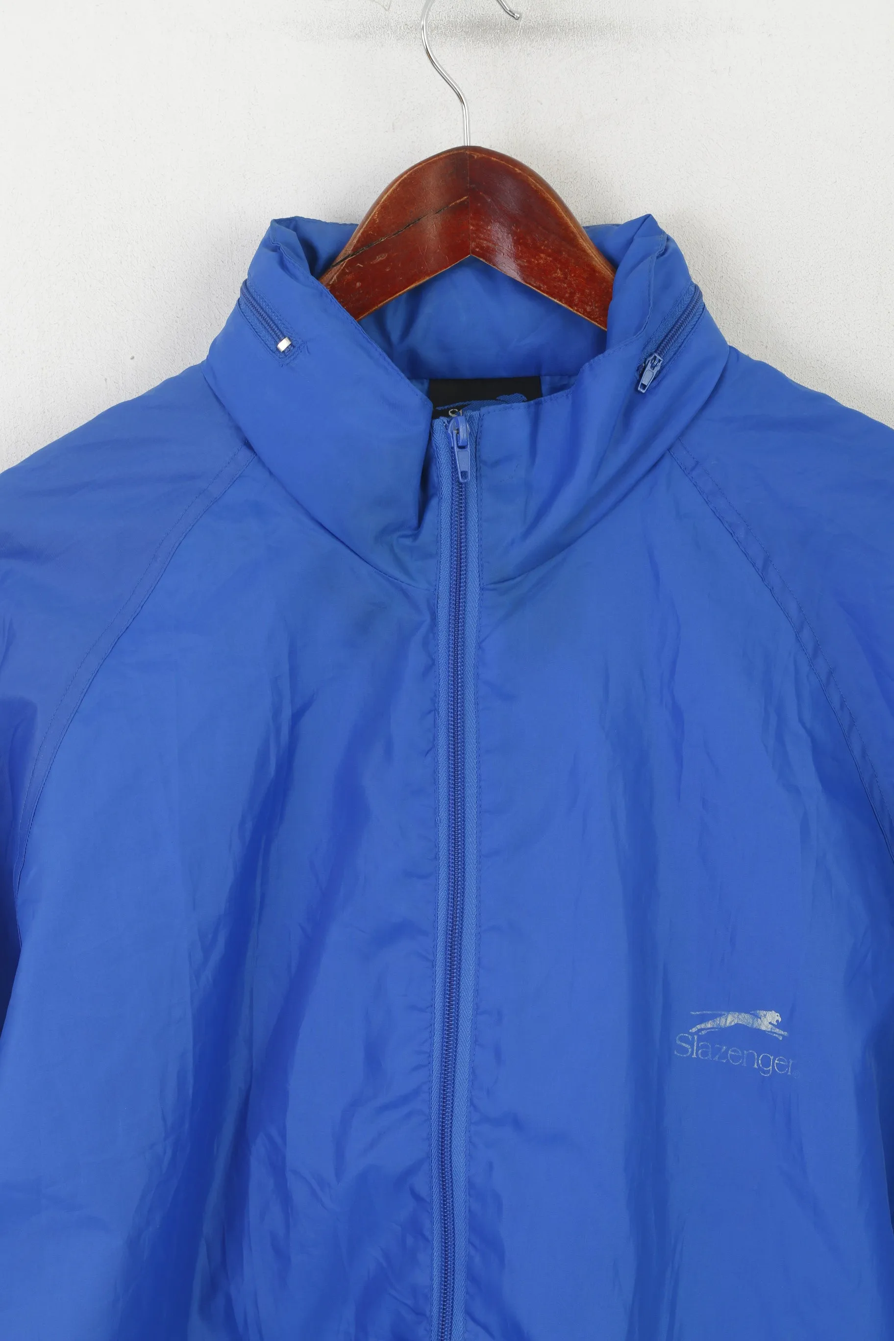 Slazenger Men L Jacket Blue Vintage Sheer Instinct Hidden Hood Full Zipper Top