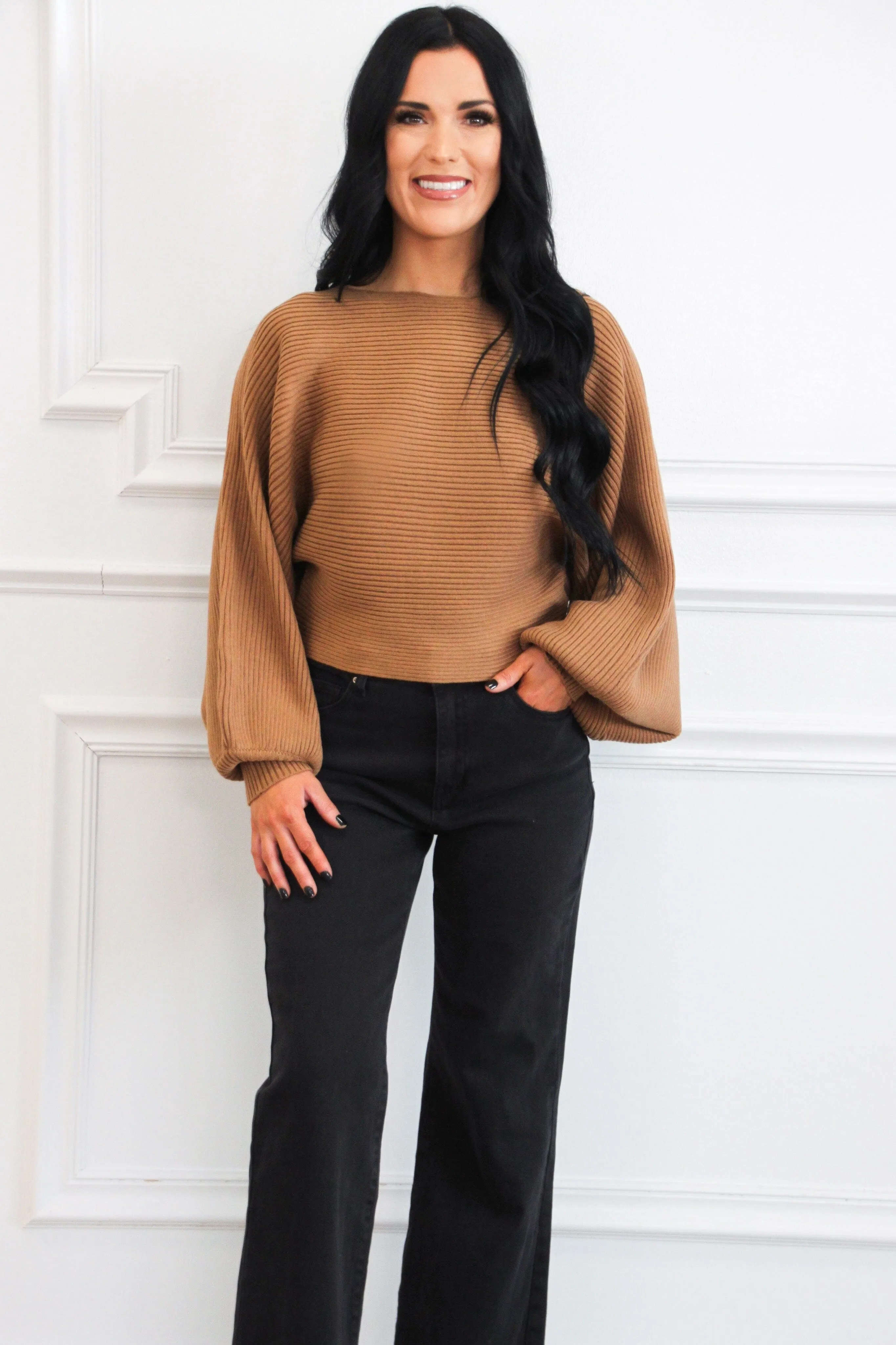 Staple Moment Boat Neck Balloon Sleeve Sweater: Deep Camel