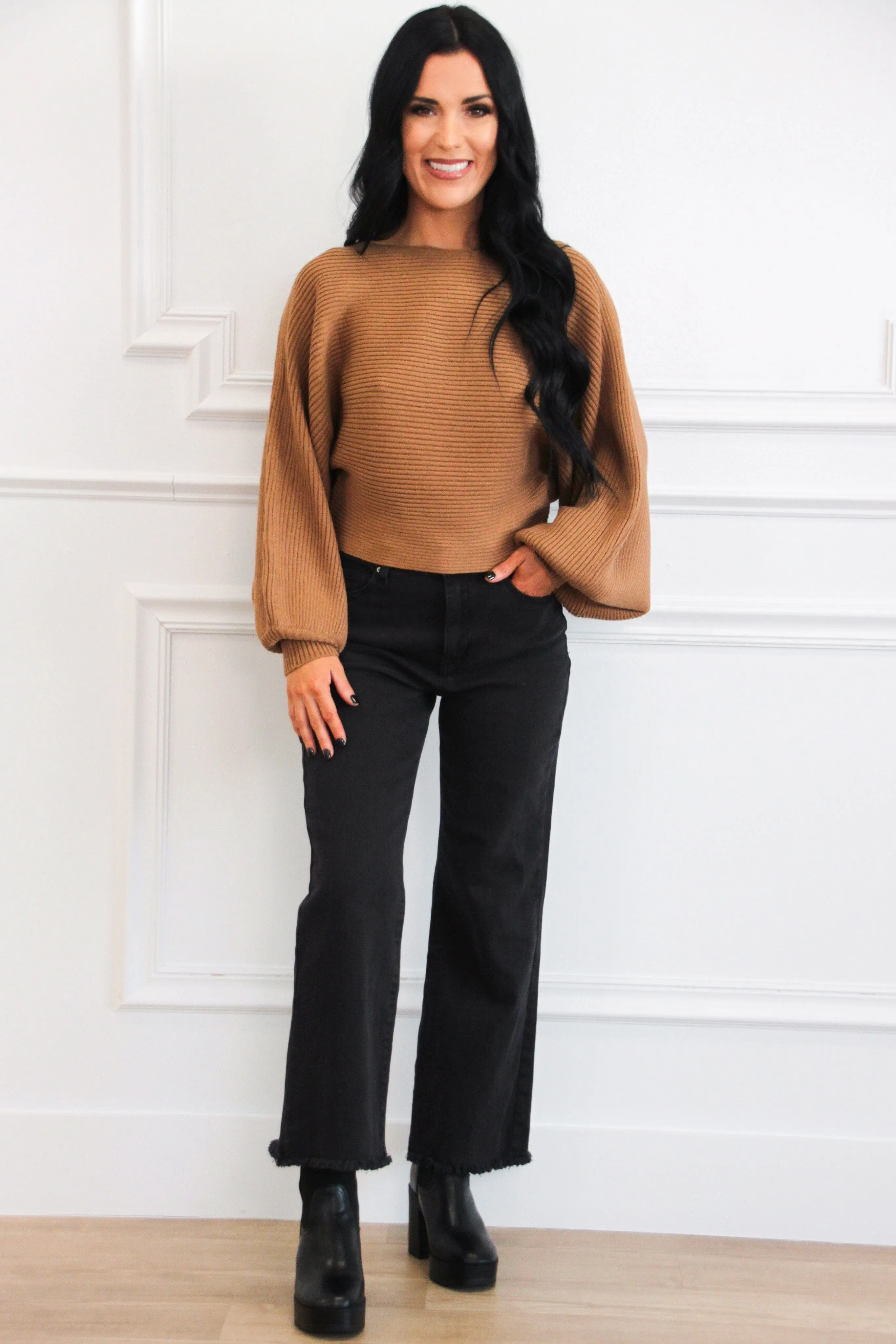 Staple Moment Boat Neck Balloon Sleeve Sweater: Deep Camel