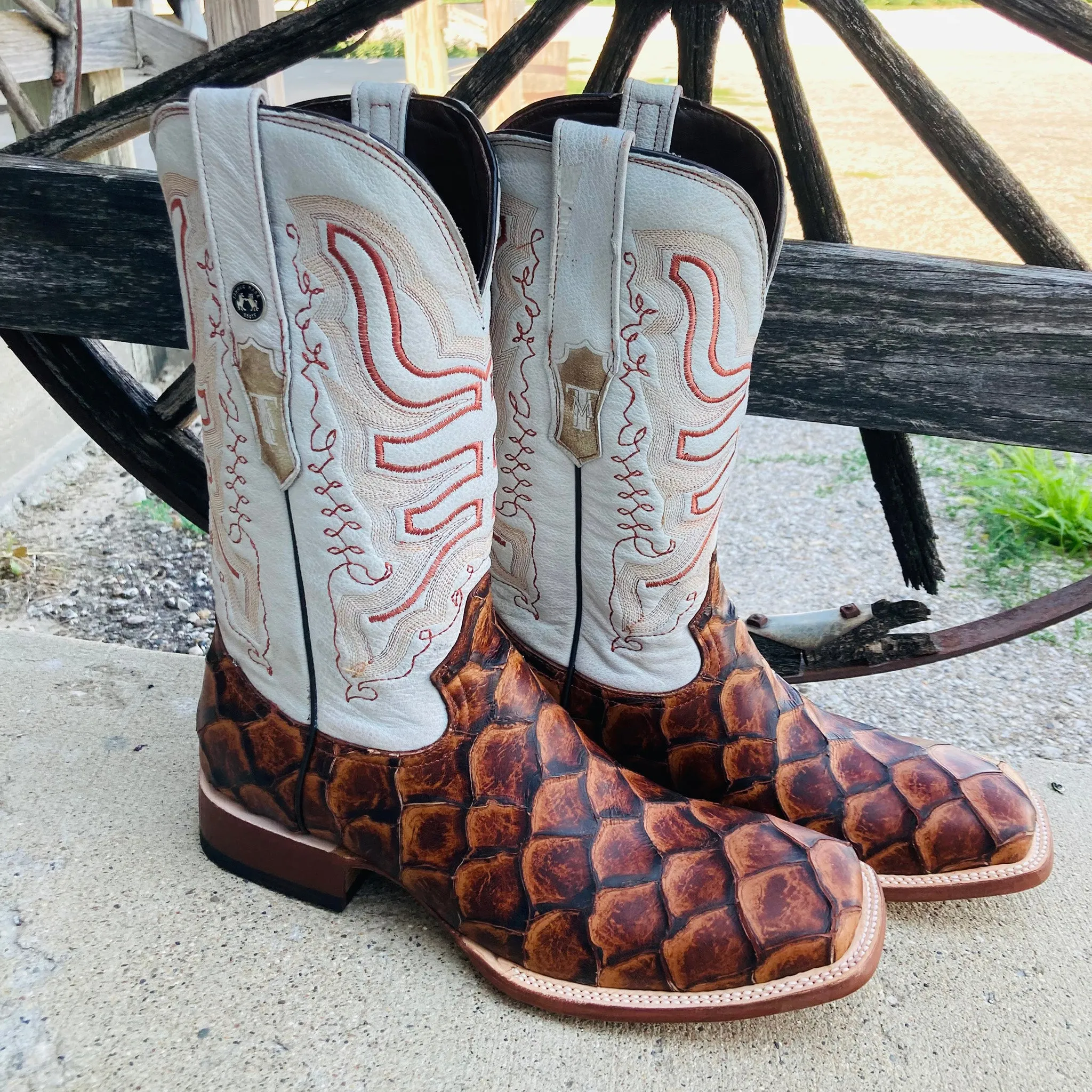 Tanner Mark Men's "Dillon" Cognac Monster Fish Square Toe Boots