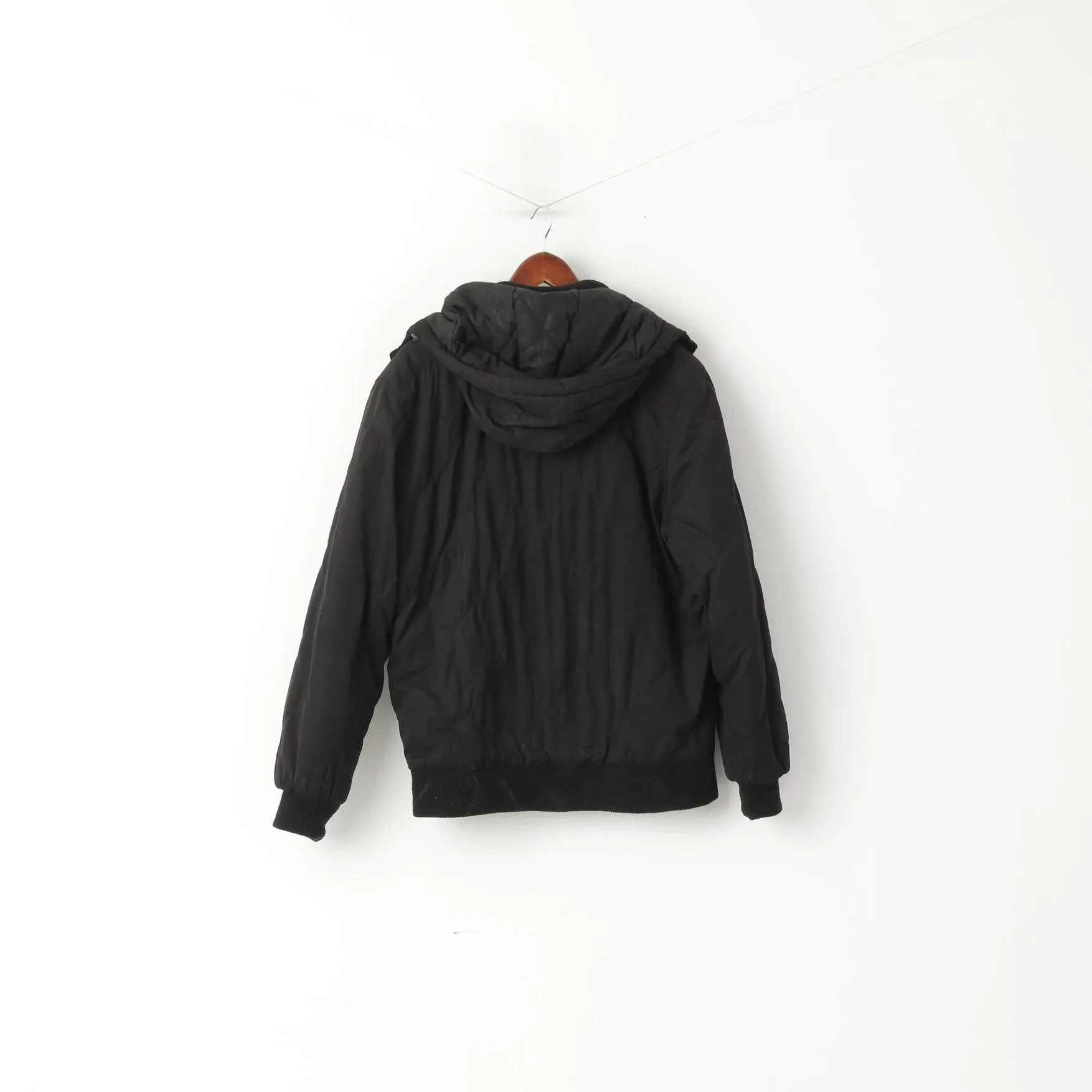 Tom Tompson Men L Jacket Black Bomber Padded Full Zipper Pocket Hooded Top