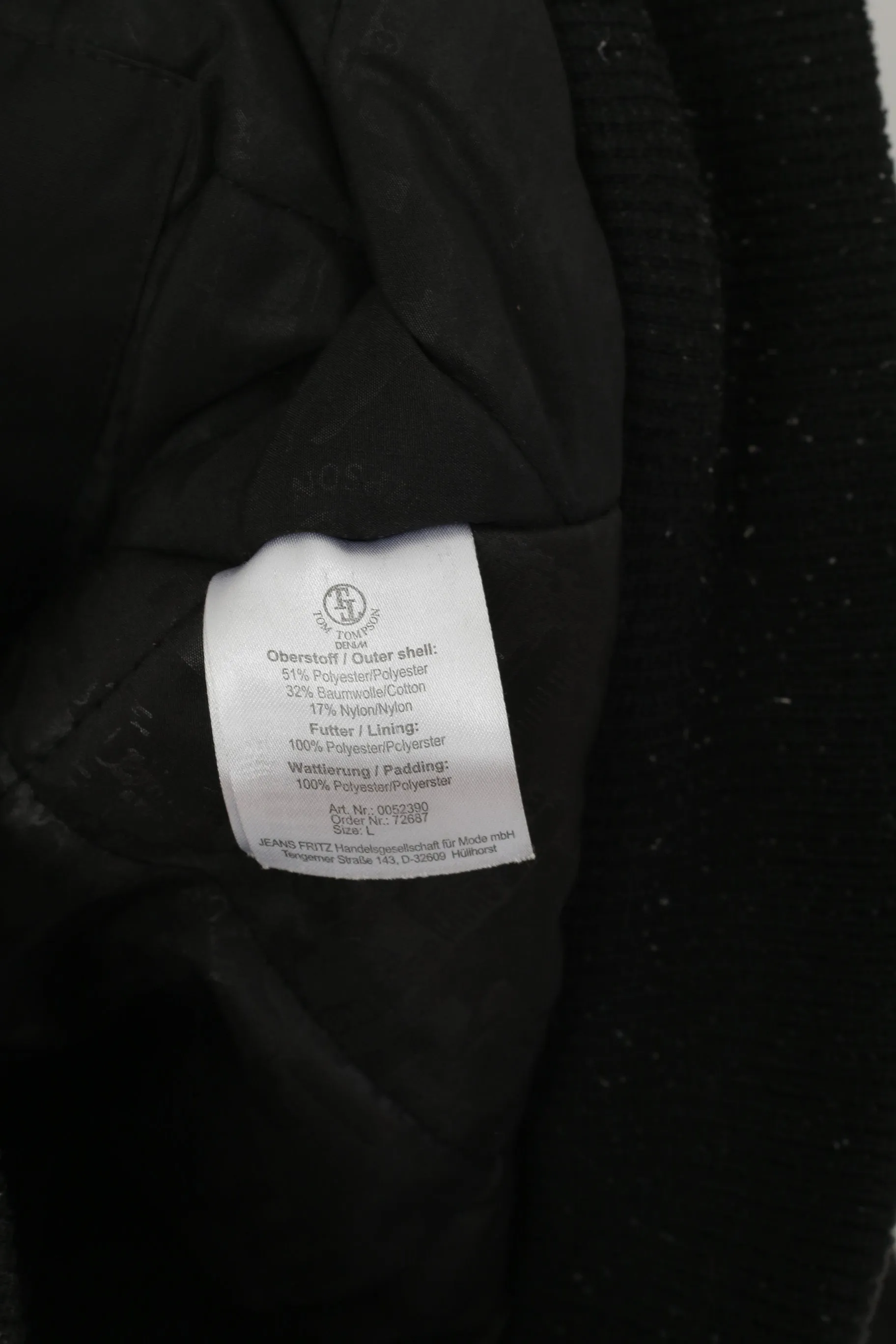 Tom Tompson Men L Jacket Black Bomber Padded Full Zipper Pocket Hooded Top