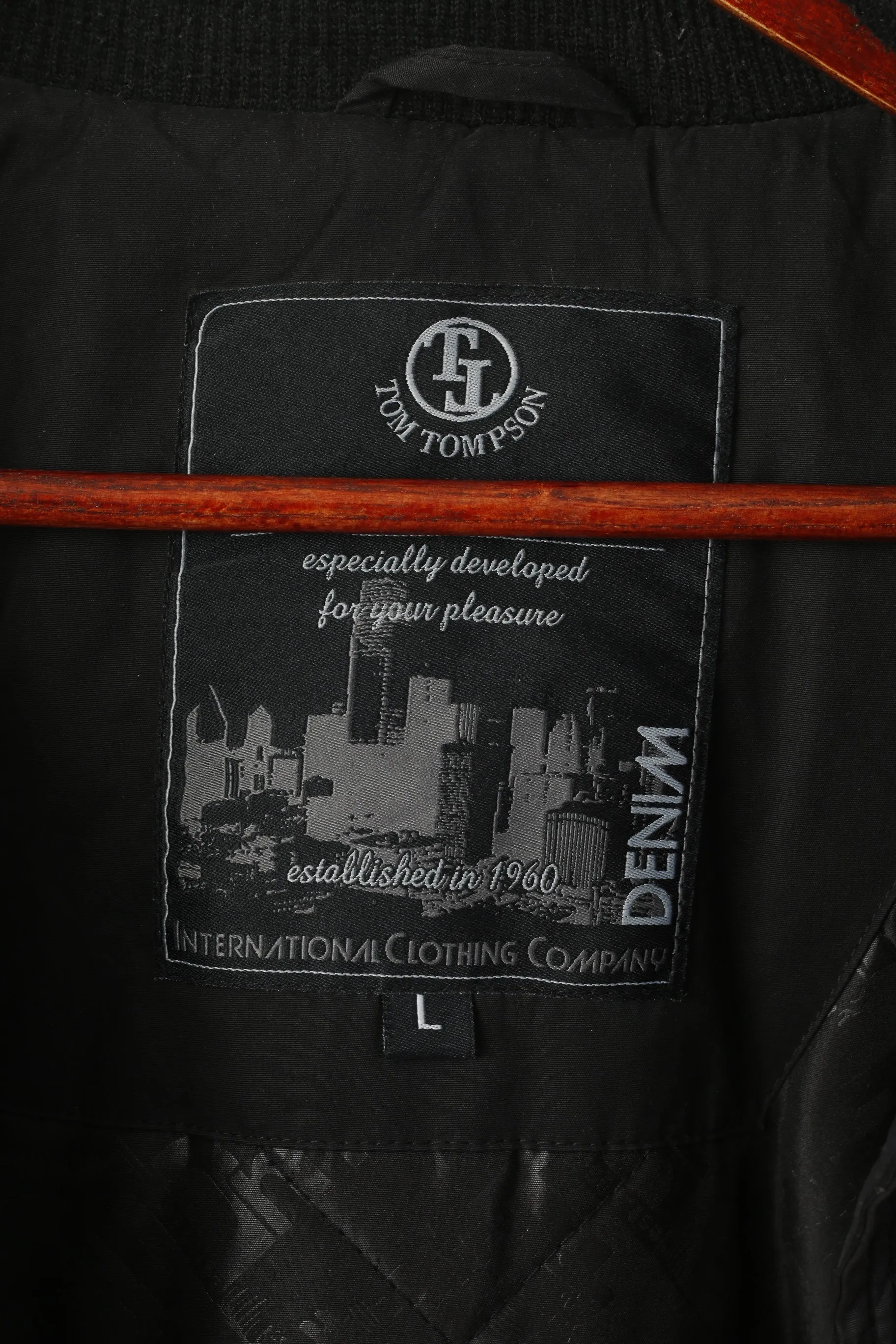 Tom Tompson Men L Jacket Black Bomber Padded Full Zipper Pocket Hooded Top