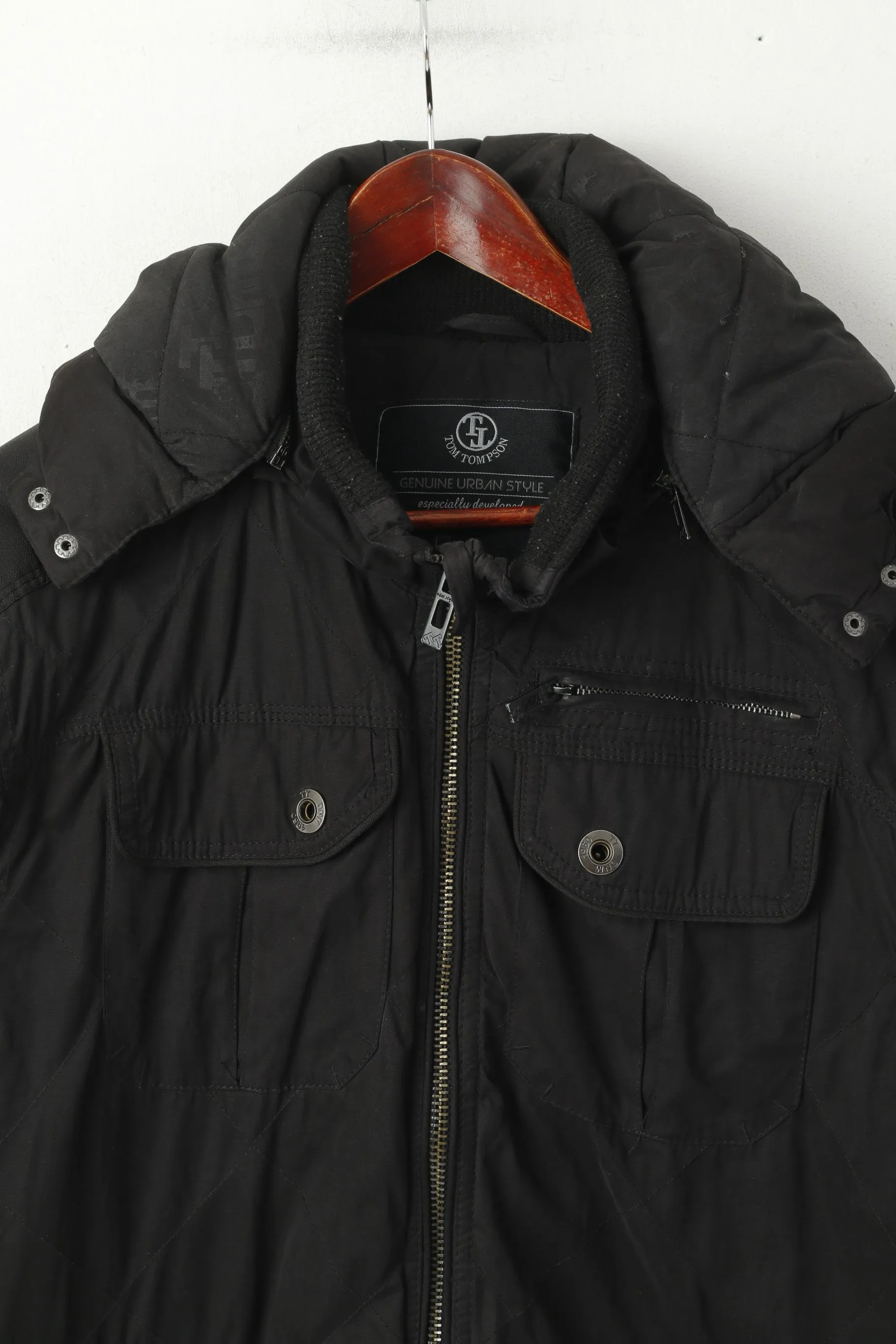 Tom Tompson Men L Jacket Black Bomber Padded Full Zipper Pocket Hooded Top