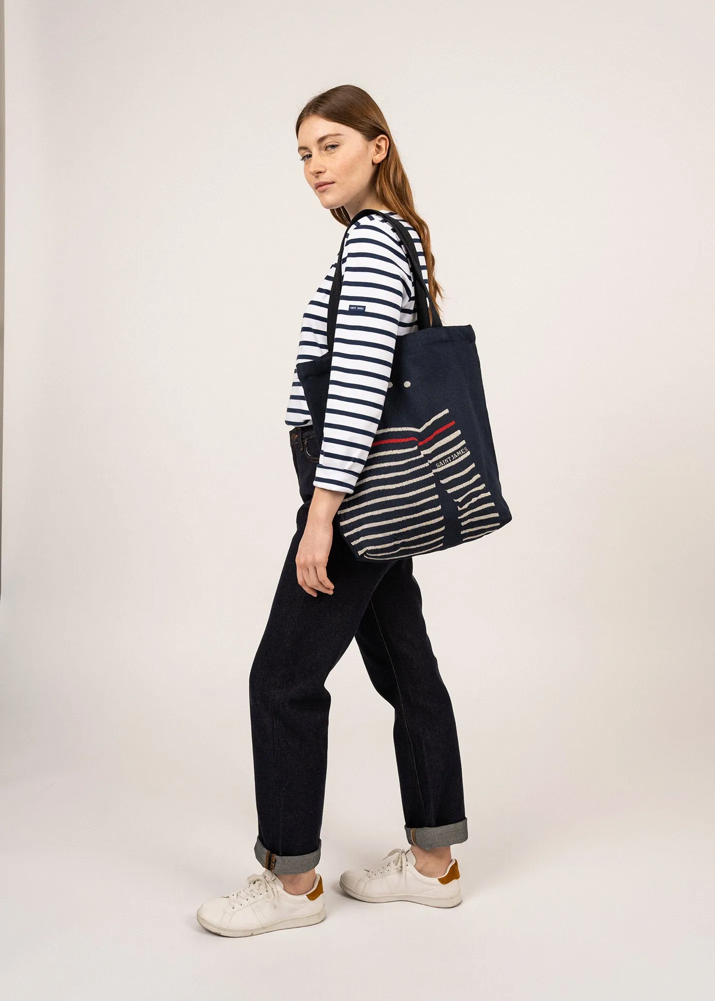 Tote bag en coton recycl -  motif pull marin (MARINE/ECRU)