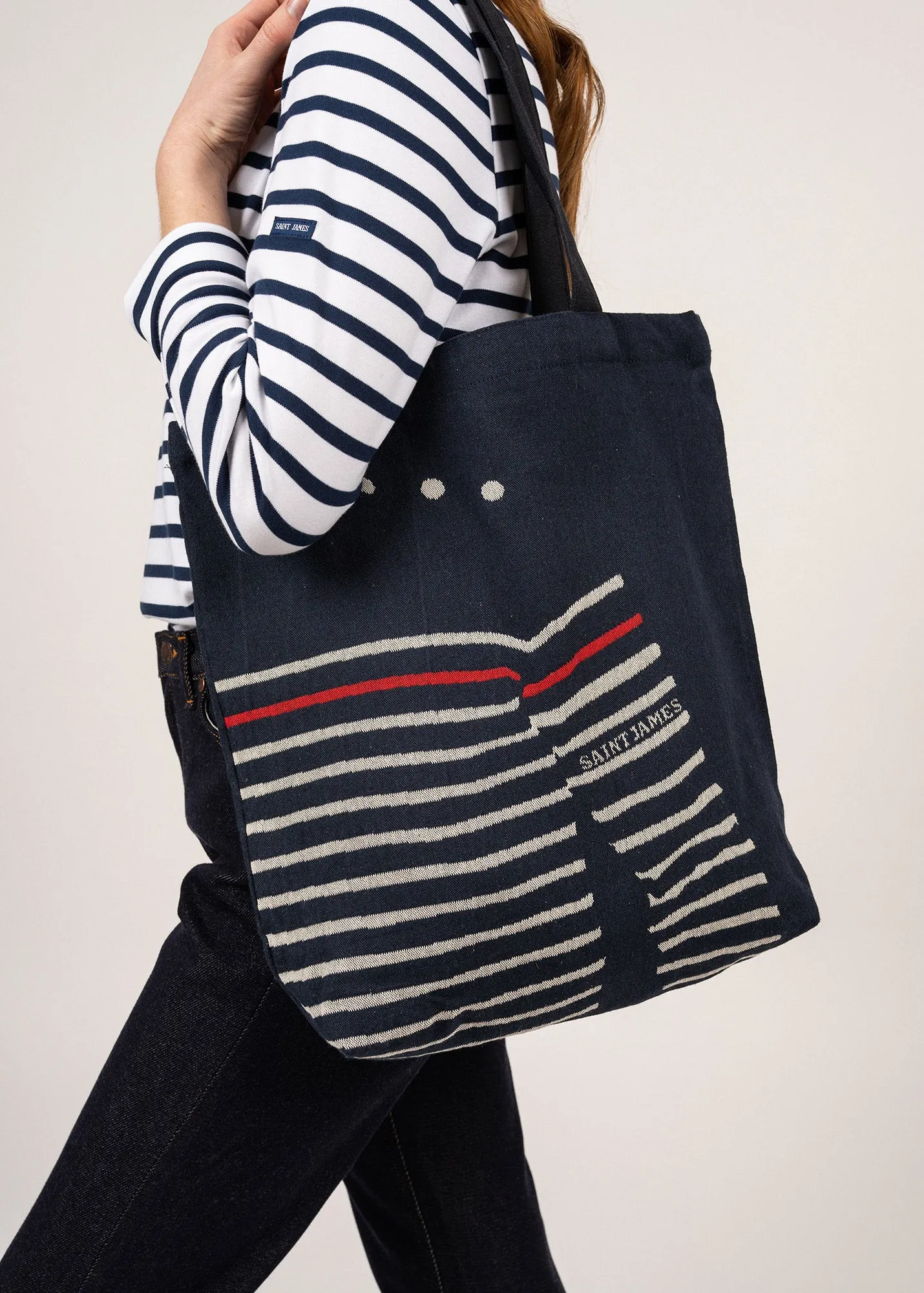 Tote bag en coton recycl -  motif pull marin (MARINE/ECRU)