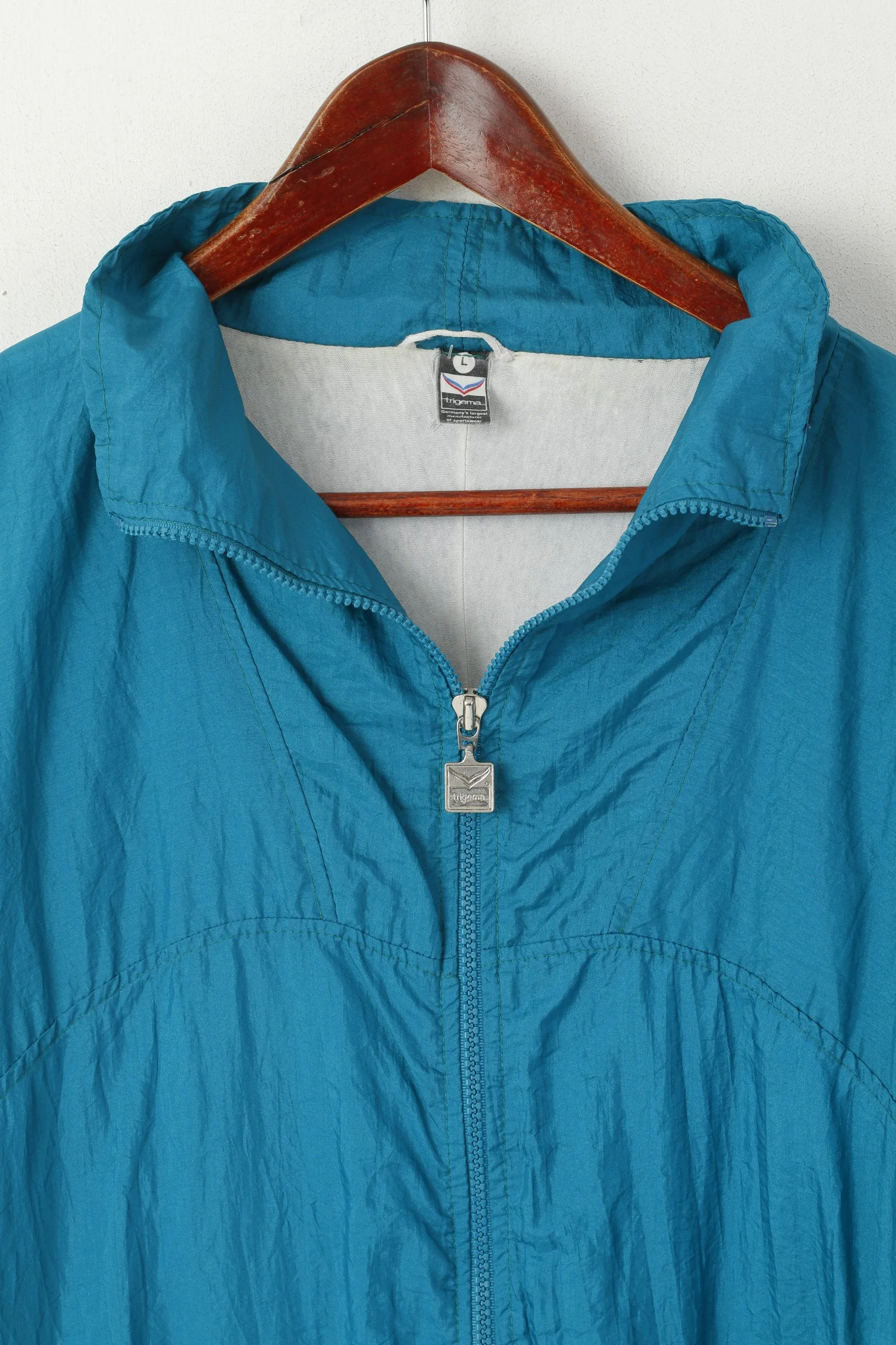 Trigema Men L  Jacket Sea Green Vintage Shiny Nylon Sportswear Full Zip Track Top