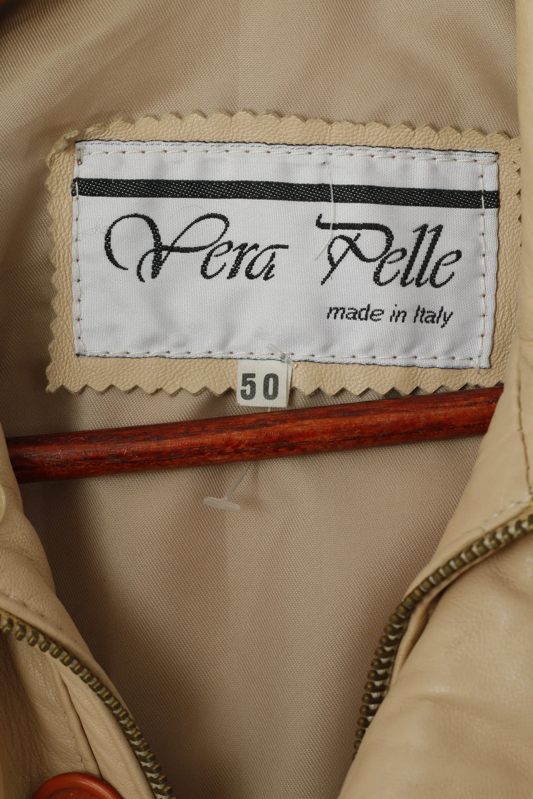 Vintage Men 50 M Leather Jacket Beige Bomber Pockets Vera Pelle Made in Italy Top