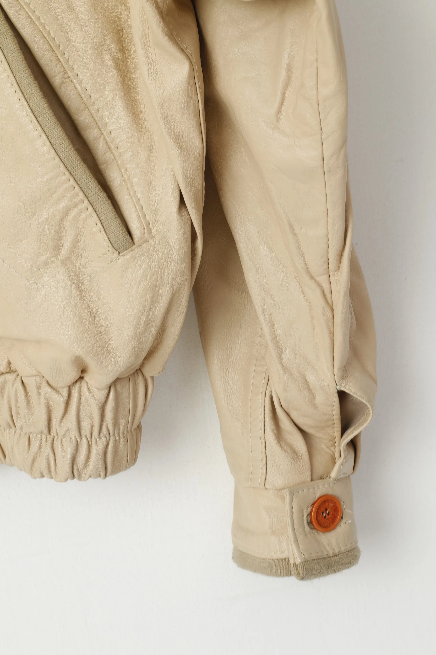 Vintage Men 50 M Leather Jacket Beige Bomber Pockets Vera Pelle Made in Italy Top