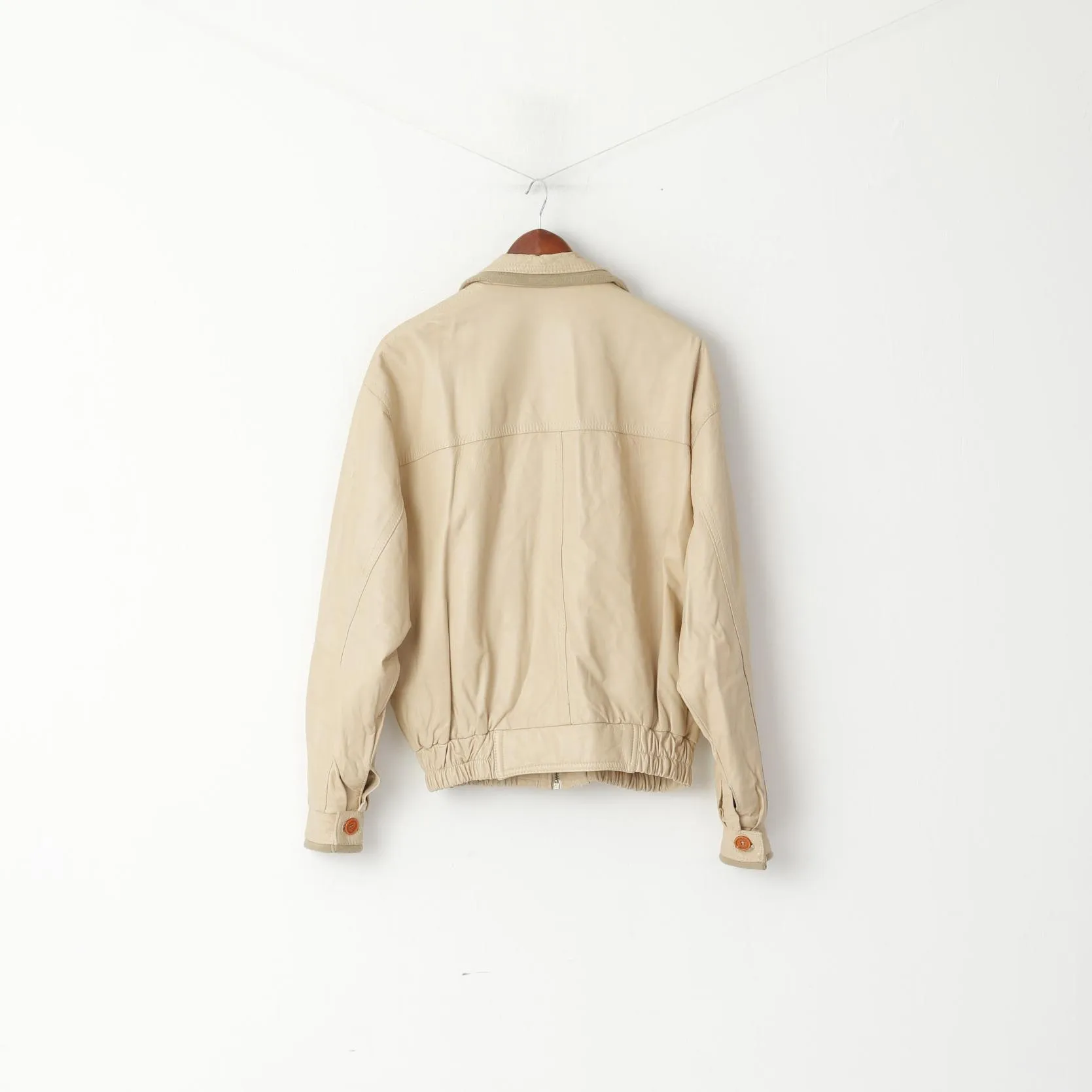 Vintage Men 50 M Leather Jacket Beige Bomber Pockets Vera Pelle Made in Italy Top