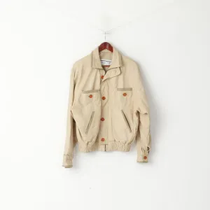Vintage Men 50 M Leather Jacket Beige Bomber Pockets Vera Pelle Made in Italy Top