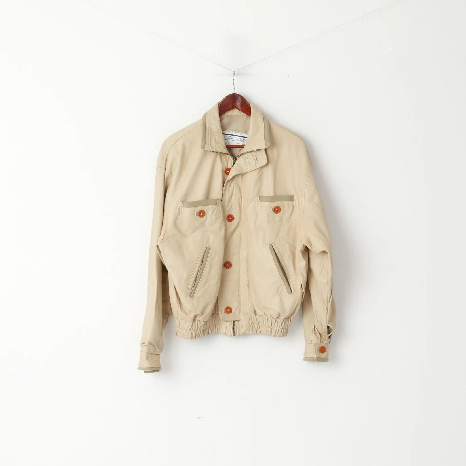 Vintage Men 50 M Leather Jacket Beige Bomber Pockets Vera Pelle Made in Italy Top