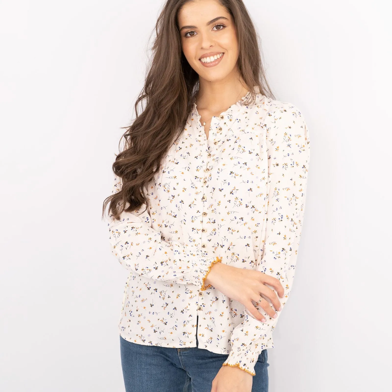 White Stuff Ivory Ditsy Floral Long Sleeve Lightweight Shirts